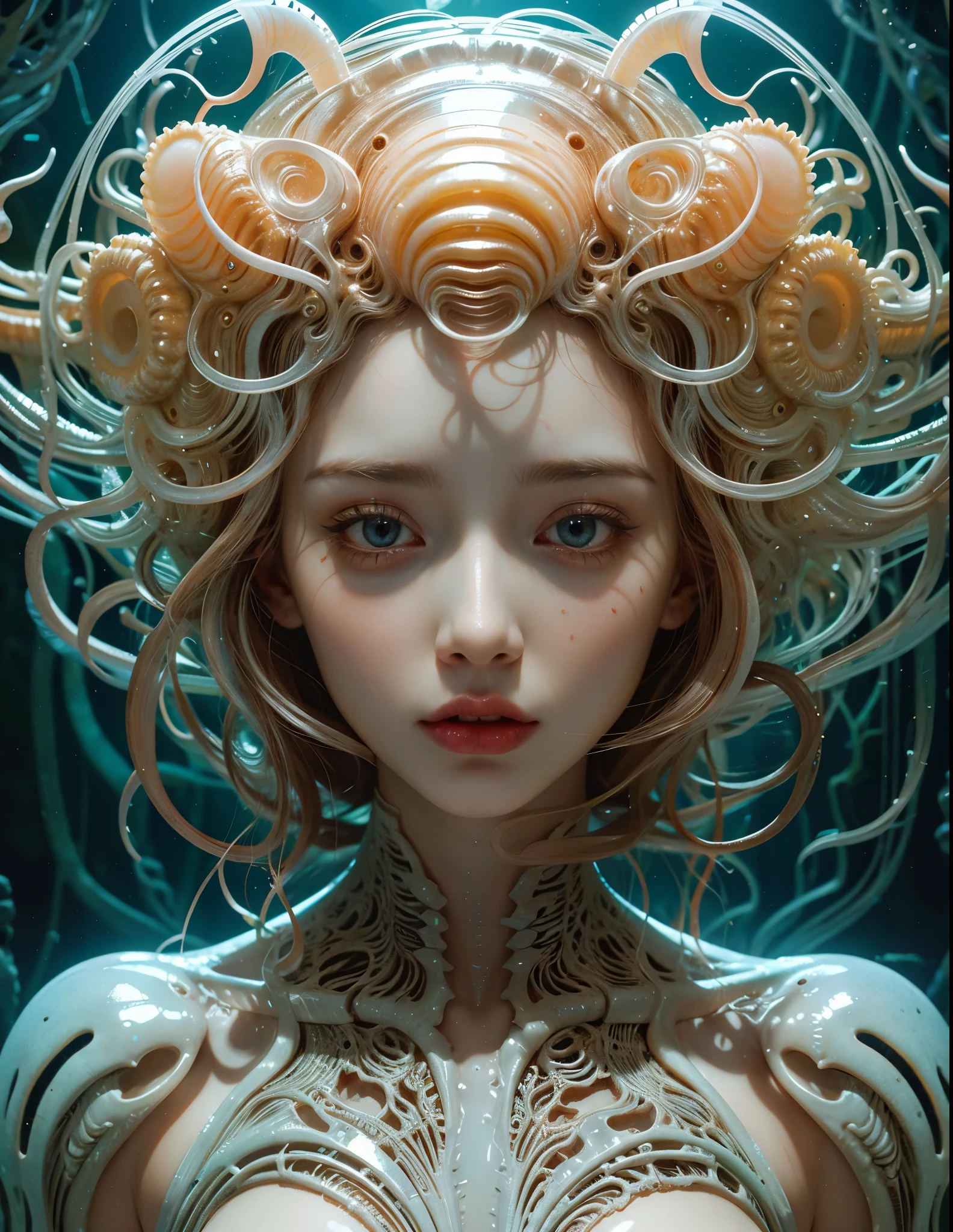 Beautiful girl with the head of a deep sea creature., jellyfish, squid, Portrait of a female man, (Realistic face details), intricate detailed, very high details, photo-hyper-realistic, 8k, UHD, hyperdetailed, (Dynamic Poses:1.4),