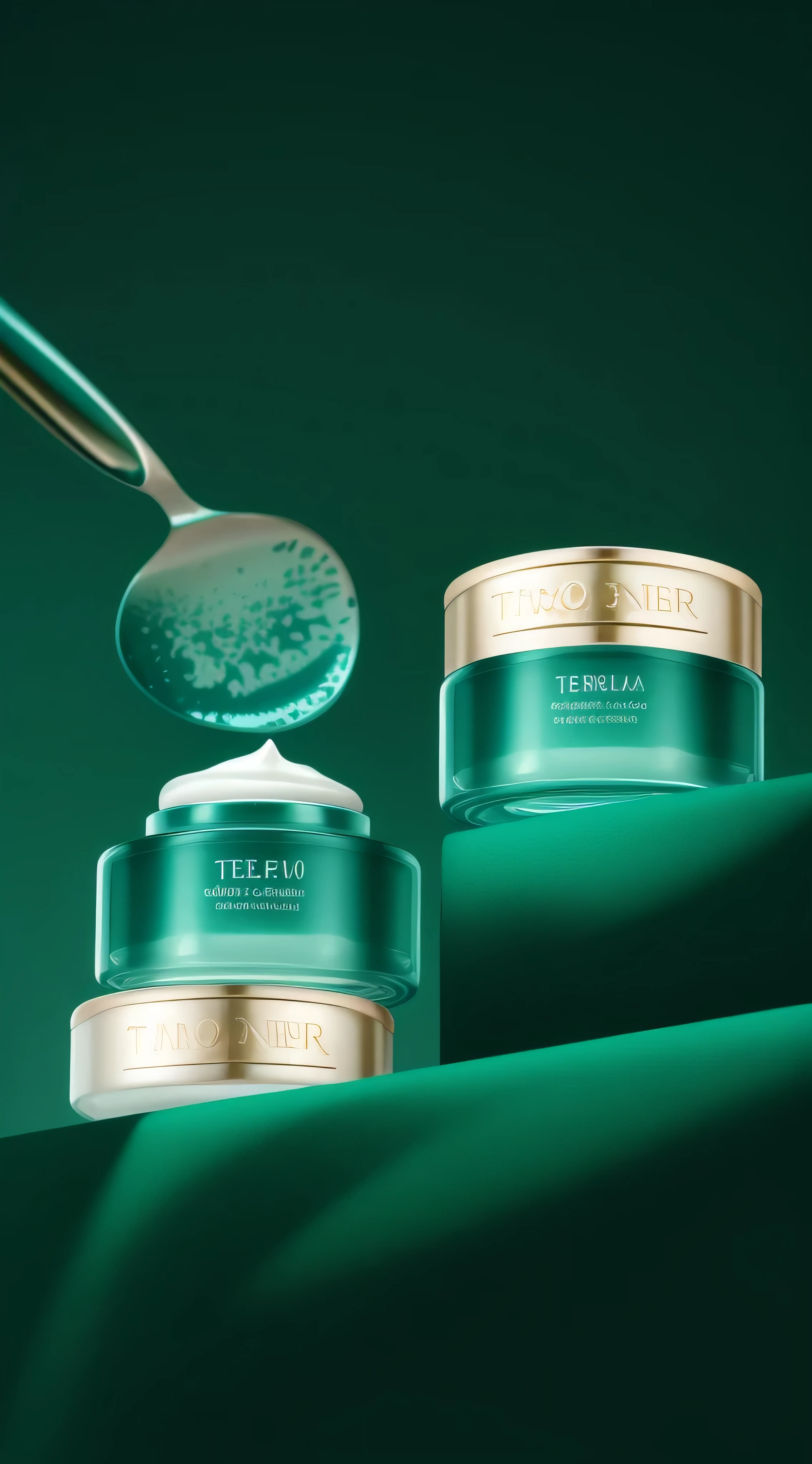 Close-up of two jars of cream,There is a spoon in the middle, high quality topical render, everlasting, amber, professional product shot, photoshoot for skin care brand, dramatic product shot, 4l, author:Yao Tingmei, skin care, dramatic product lighting, Texture quality is high, product photography 4k, tempera, &cite;organic, high quality rendering, author:heroes