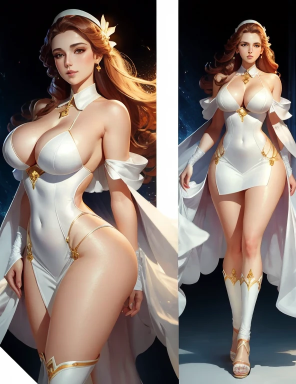 tmasterpiece, highest quality, (face perfect:1.1) , (high detal:1.1), dramatics, 5 Girls, 5 Women, , whaite hair, red eyes,, long whitr hair, curveig cleavage breasts, themoon, ssee-through, natta, shift dresses, 系带shift dresses, upper legs, Covered with肚脐, 带链子的白色shift dresses, leather collar, of shoulders, Wide buttock, 粗upper legs, cparted lips, Covered with, robe, pelvis curtain, 薄pelvis curtain, toned pelvis, toned butt,milky hips,pierced navel,body piercinusculature,big bicep,upper legsmusculature,Big armruising the knee,white Heels,White sandalorgar,detailedbackground,Art by Artgerm and Greg Rutkowski,cinmatic lighting