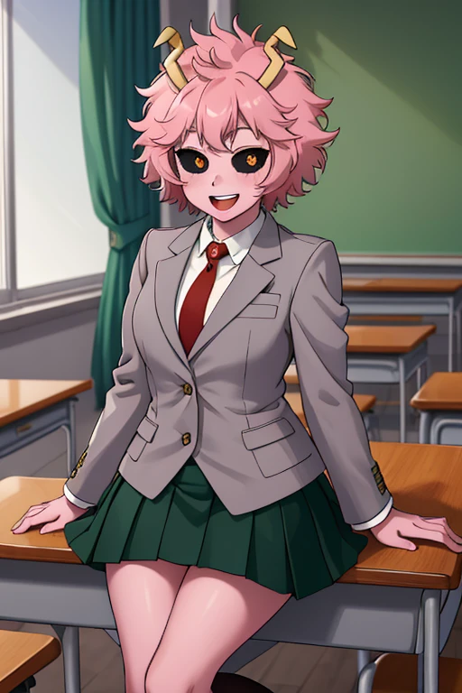 masterpiece, best quality, highres, ashidomina, short hair, horns, (colored sclera:1.1), (black sclera:1.2), pink skin, school uniform, red necktie, collared shirt, blazer, grey jacket, long sleeves, pleated skirt, green skirt, classroom, sitting, desk, chair, medium chest, open mouth smile, fluffy hair