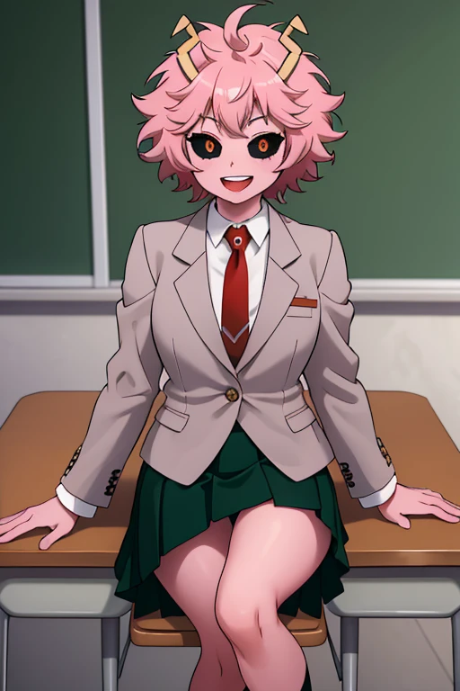 masterpiece, best quality, highres, ashidomina, short hair, horns, (colored sclera:1.1), (black sclera:1.2), pink skin, school uniform, red necktie, collared shirt, blazer, grey jacket, long sleeves, pleated skirt, green skirt, classroom, sitting, desk, chair, medium chest, open mouth smile, fluffy hair