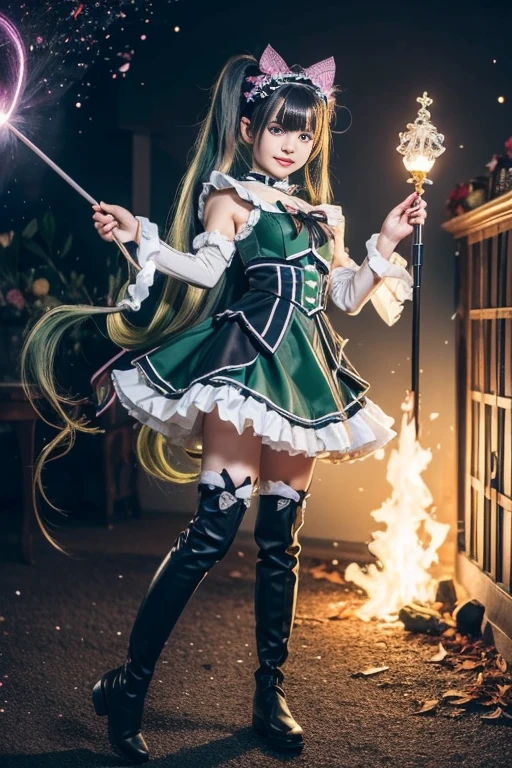 (masterpiece), (best quality), detailed,
1 girl, soro, twintails, long wavy hair twintails.hairs between eyes,dark green eyes ,dark green hair, (magical girl:1.2),
bow, dress, (pink:0.6), over legwear, boots, too many frills, too many bow, standing,striped panties.magical stick, mechanical stick, magic cercle, frying,