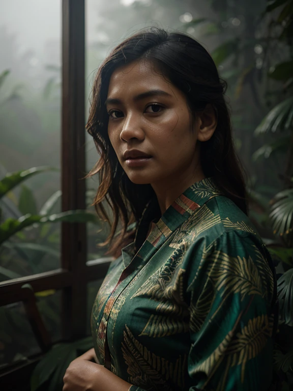 rivulets, wilderness, Woman with Indonesian batik clothes, steamy, haze, Timeless, ethereal, Hyper-realistic, Ultra photo realism, tmasterpiece, 8k, in focuokeh, Detailed hair, highly detailed, high qulity, High definition, cinematic perspective