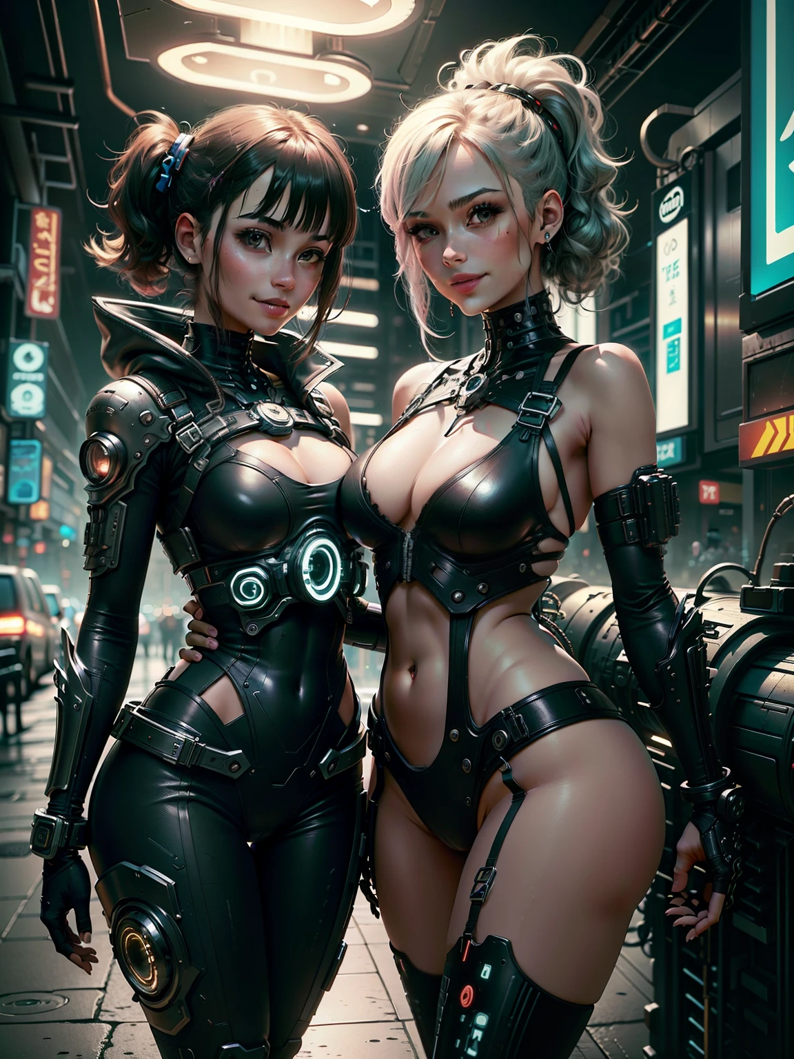 masterpiece, best quality, 2 ((smiling)) cyberpunk girls standing together, Harajuku-inspired cyberpunk body harness, bold colors and patterns, eye-catching accessories, trendy and innovative hairstyle, dazzling Cyberpunk cityscape, skyscrapers, glowing neon signs, LED lights, anime illustration, detailed skin texture, detailed nude texture, beautiful detailed face, intricate details, ultra detailed, cinematic lighting, strong contrast.
