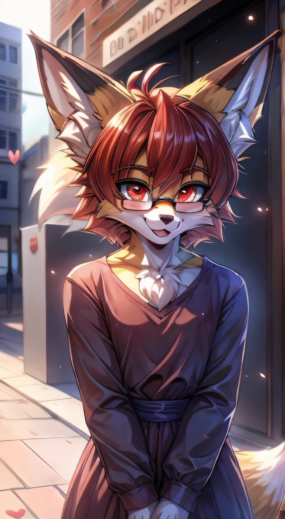 fox furry girl with short red hair, fluffy hair shy, beautiful red eyes, wearing glasses,  very  fluffy tail, small chest, bow in hair, ************, happy , happy mouth, young body, Good girl, wearing a dress, in the streets, being adorable, blushing, feral, pouting wanting to be loved,