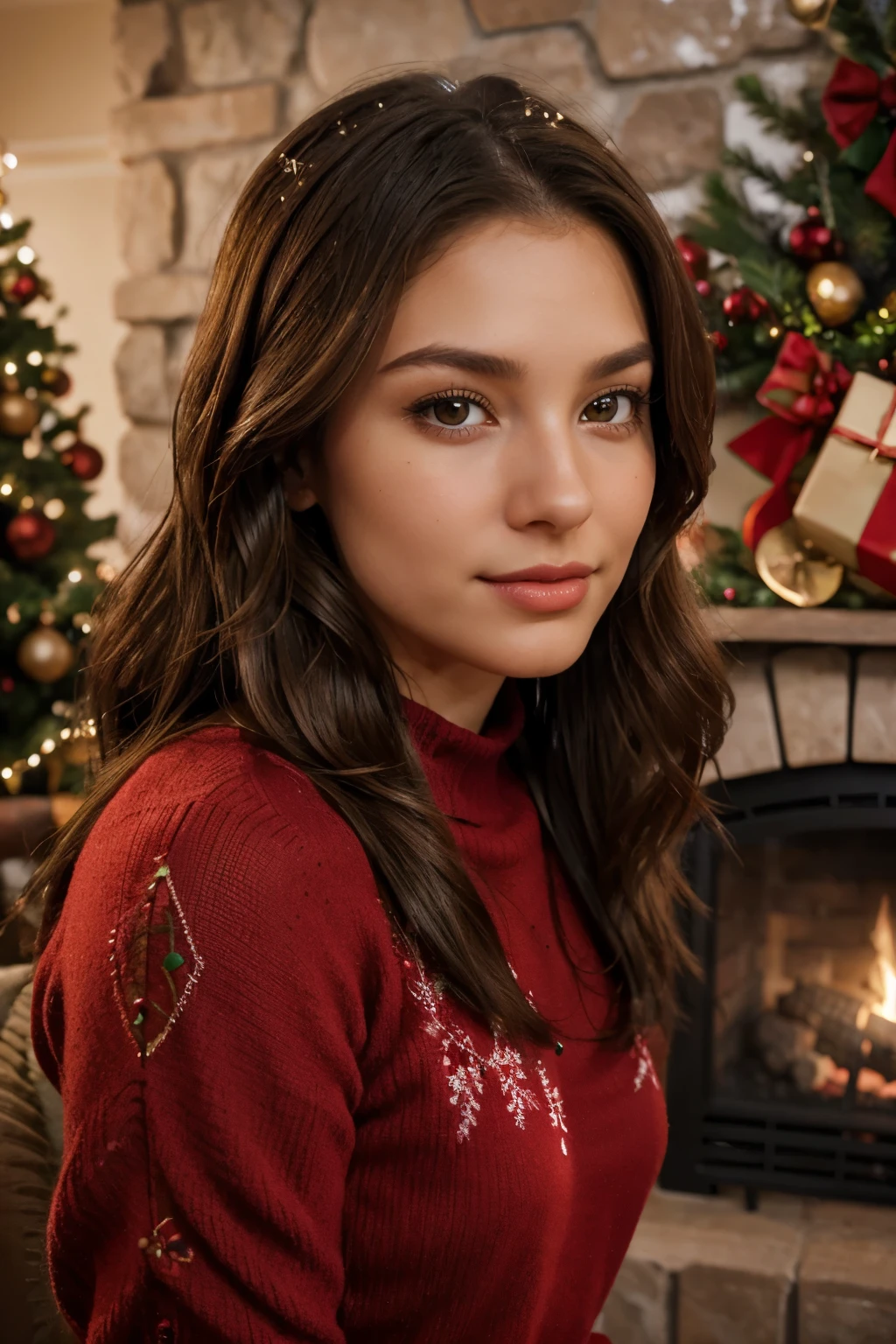 High-resolution portrait photograph of a young woman with chestnut brown, medium-length hair styled casually. Her complexion is fair with a warm undertone, flawless, exuding a natural glow. She has a serene, composed expression with a slight, confident smile. Her deep hazel eyes, framed by long, curled lashes coated with black mascara, and naturally arched eyebrows, add to her poised appearance. Her nose is elegantly slender, complementing her full lips, tinted with a matte brick red lipstick. For a festive touch, she's dressed in a holiday-themed outfit, perhaps a red or green sweater with subtle Christmas embellishments. The background features a warmly lit Christmas tree, adorned with lights and ornaments, and a cozy fireplace, creating a heartwarming holiday scene. The soft and diffused lighting mimics the gentle illumination of a fireplace, highlighting her features and adding a festive warmth to the photograph.