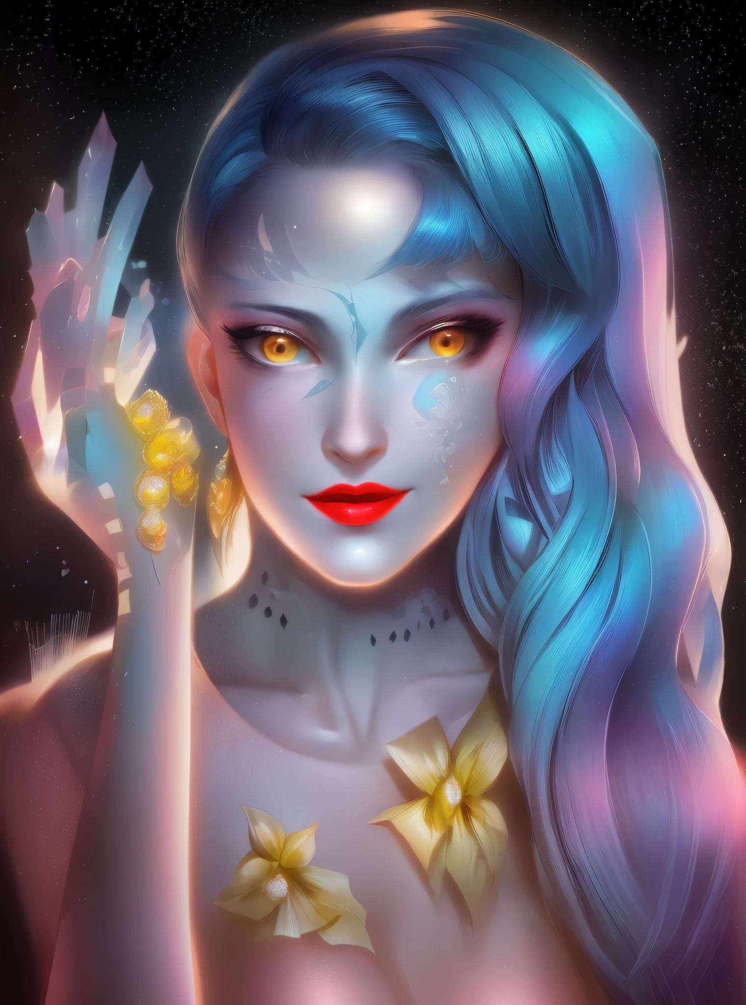 a woman with blue hair and a face paint,
light particles, halo, (bioluminescent:0.95), bioluminescent, piercing glare, vibrant, (((colourful))), color, (glowing, glow),ancient customs, wind blow, blossom, pond, night, moon relection in the pond, reflection light, depth of field, from behind, multiple views, delicated best quality ,masterpiece, illustration, an extremely delicate and beautiful, extremely detailed ,CG ,unity ,8k wallpaper, Amazing, finely detail, masterpiece,best quality,official art,extremely detailed CG unity 8k wallpaper,absurdres, incredibly absurdres, huge filesize , ultra-detailed, highres, extremely detailed,beautiful detailed girl, extremely detailed eyes and face, beautiful detailed eyes,light on face,1girl, (Super realistic),((jewelry)), (hair jewelry), (gem earrings), (((describe the arm in detail))), (thighs), (black thighs, garter belt:1.1),, (detailed description of hair), ((upper body)), (Bare shoulder), ((collarbone)), (off shoulder), (Shiny skin), (detailed description of face), (Extremely detailed description of the eyes), (detailed description of body), (white and translucent skin), peerless beauty, (extreme beauty), (red lips), (shy ), (seductive smile), ((gothic lolitia dress)), (every pose),(((detailed anima face))),((beautiful detailed face)),(dynamic angle)