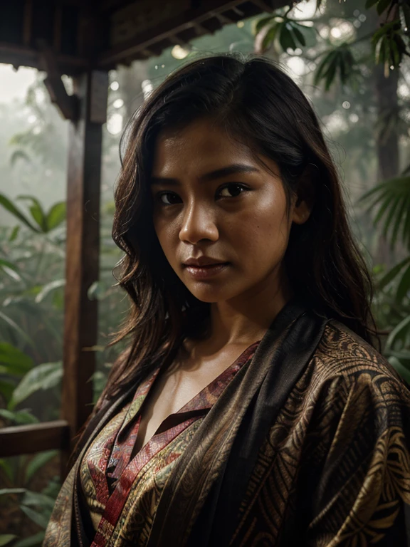 rivulets, wilderness, Woman with Indonesian batik clothes, steamy, haze, Timeless, ethereal, Hyper-realistic, Ultra photo realism, tmasterpiece, 8k, in focuokeh, Detailed hair, highly detailed, high qulity, High definition, cinematic perspective