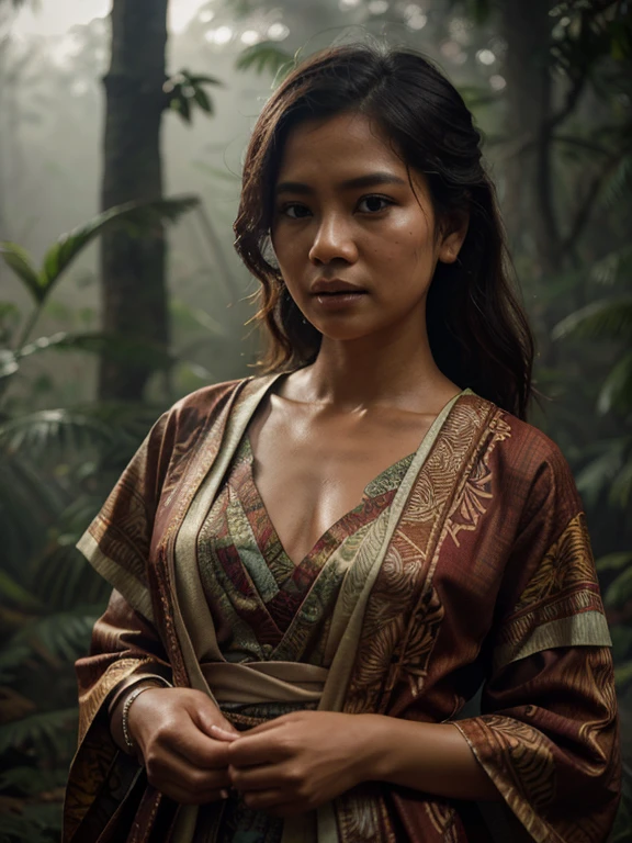 rivulets, wilderness, Woman with Indonesian batik clothes, steamy, haze, Timeless, ethereal, Hyper-realistic, Ultra photo realism, tmasterpiece, 8k, in focuokeh, Detailed hair, highly detailed, high qulity, High definition, cinematic perspective