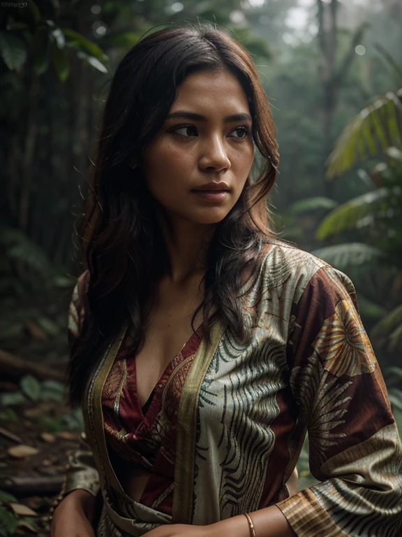 rivulets, wilderness, Woman with Indonesian batik clothes, steamy, haze, Timeless, ethereal, Hyper-realistic, Ultra photo realism, tmasterpiece, 8k, in focuokeh, Detailed hair, highly detailed, high qulity, High definition, cinematic perspective