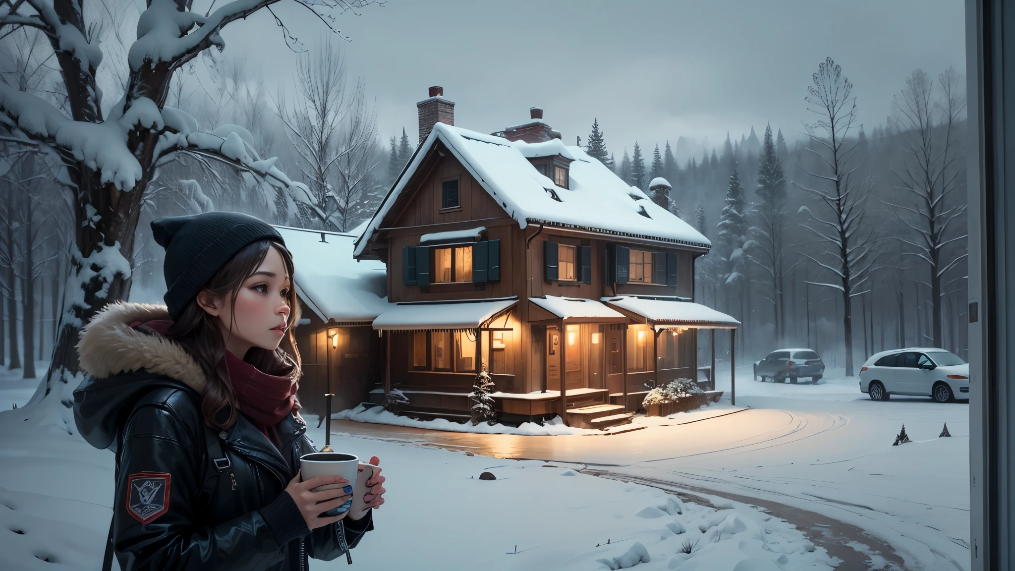 Sipping a warm drink at an old cafe and admiring the snow outside the window --auto --s2