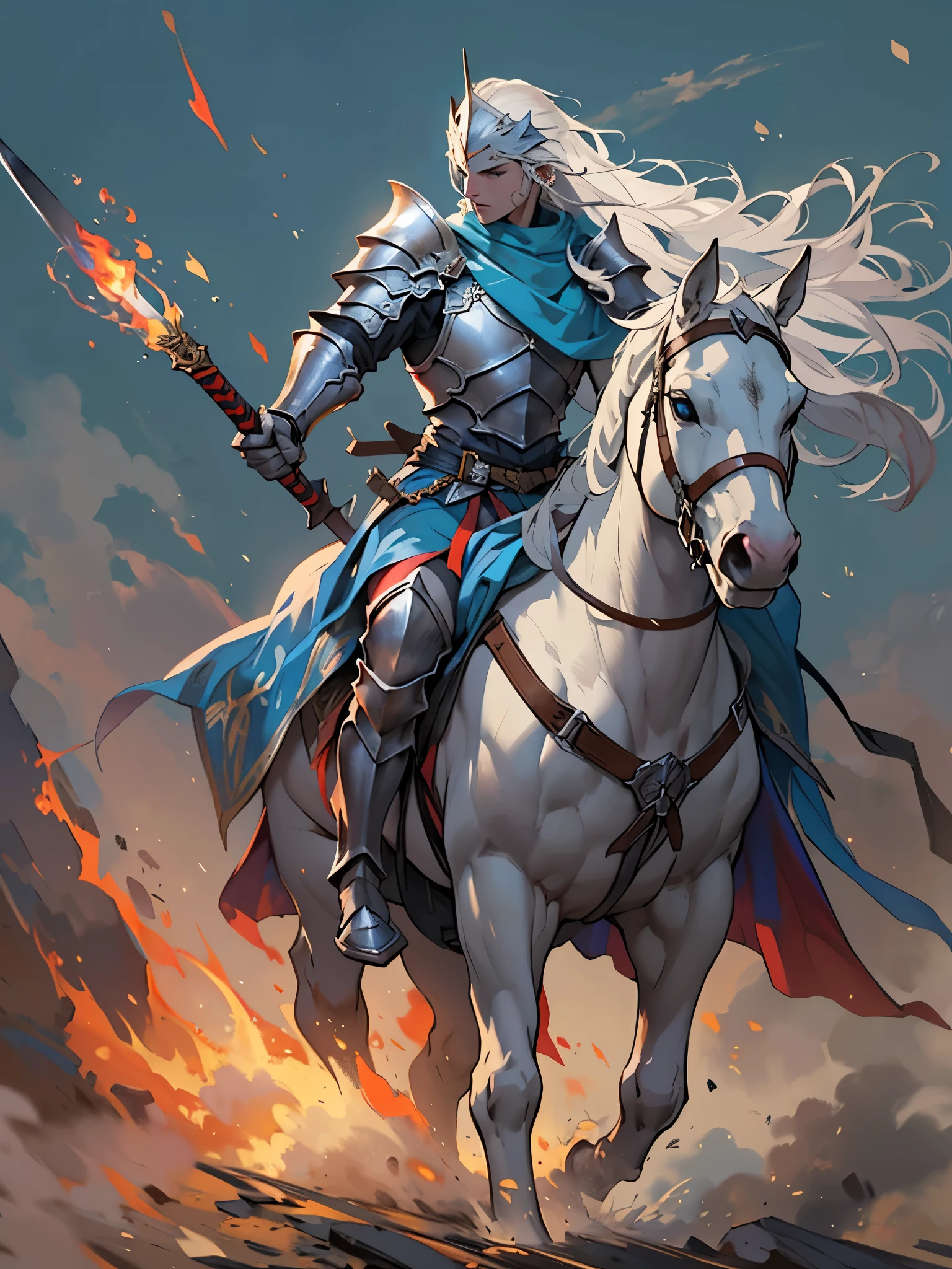 knight on horseback，Holding a flaming spear，Dressed in light armor，Carrying 2 long swords，Handsome，Long gray hair，blue color eyes，The background is a plain battlefield，long distance full body photo，(((tmasterpiece))), (((Best quality: 1.4)))