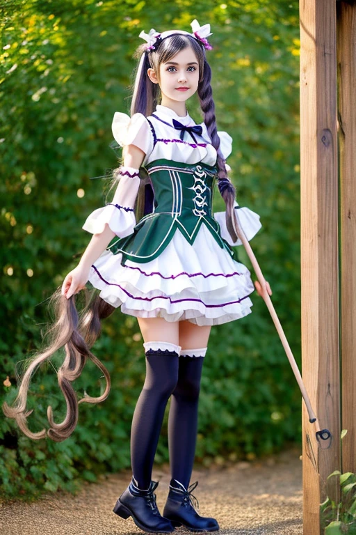 (masterpiece), (best quality), detailed,
1 girl, soro, twintails, long wavy hair twintails.hairs between eyes,dark green eyes ,dark green hair, (magical girl:1.2),
bow, dress, (pink:0.6), over legwear, boots, too many frills, too many bow, standing,striped panties.magical stick, mechanical stick, magic cercle, frying,