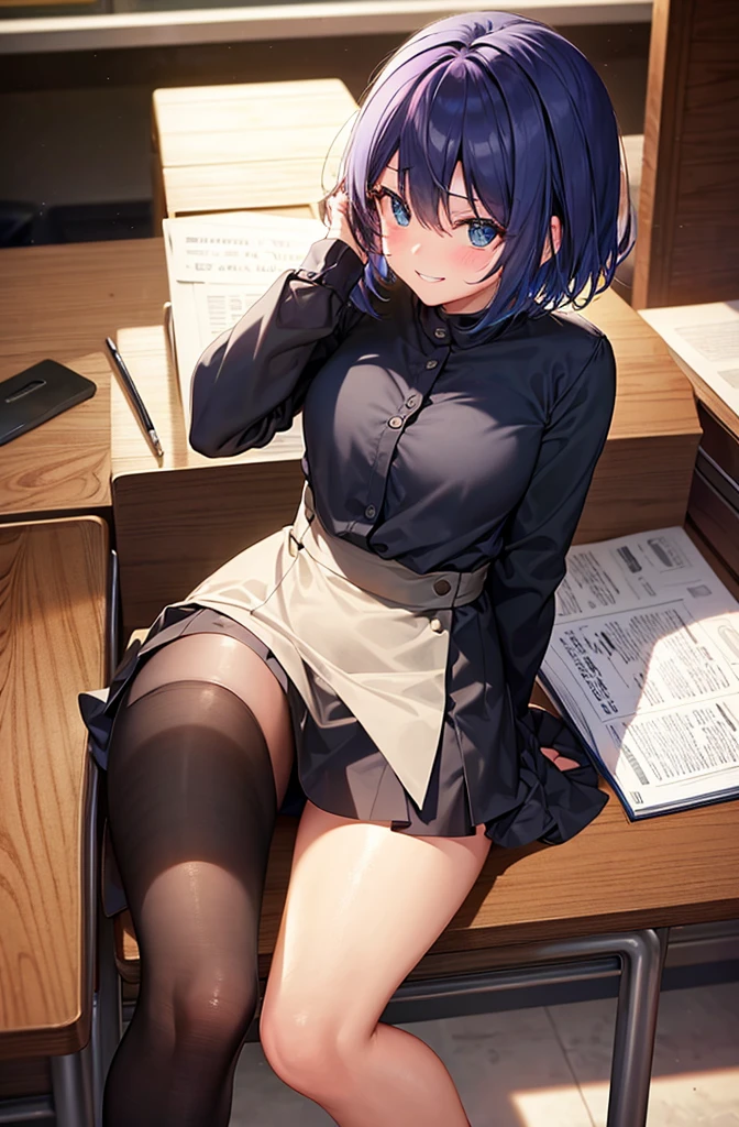 Beautiful girl sitting at desk,pantyshot,Embarrassing,Troubled smile,short-hair,A dark-haired,