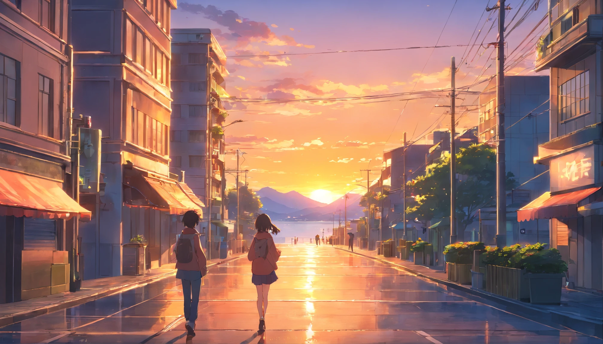sunset in the city, vivid colors, ultra-detailed, best quality, HDR, highres, portrait, landscape, warm tones, vibrant sky, cinematic lighting, bustling streets, tall buildings, glowing windows, silhouette of a couple holding hands, reflecting light on the water, dramatic shadows, city skyline, bustling traffic, golden hour, soft and warm lighting, street lamps, distant mountains, peaceful atmosphere, beauty