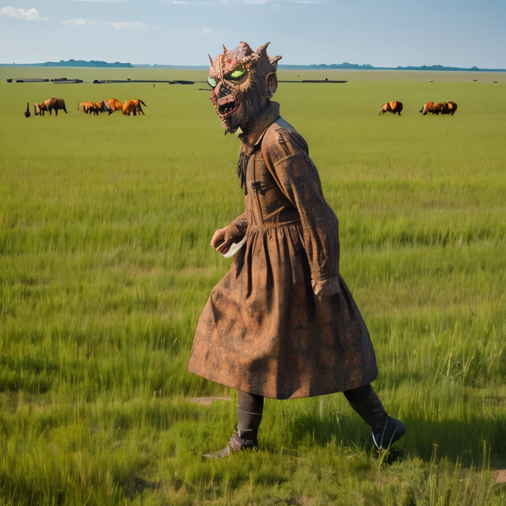 A giant grotesque zombie is walking on the prairie.