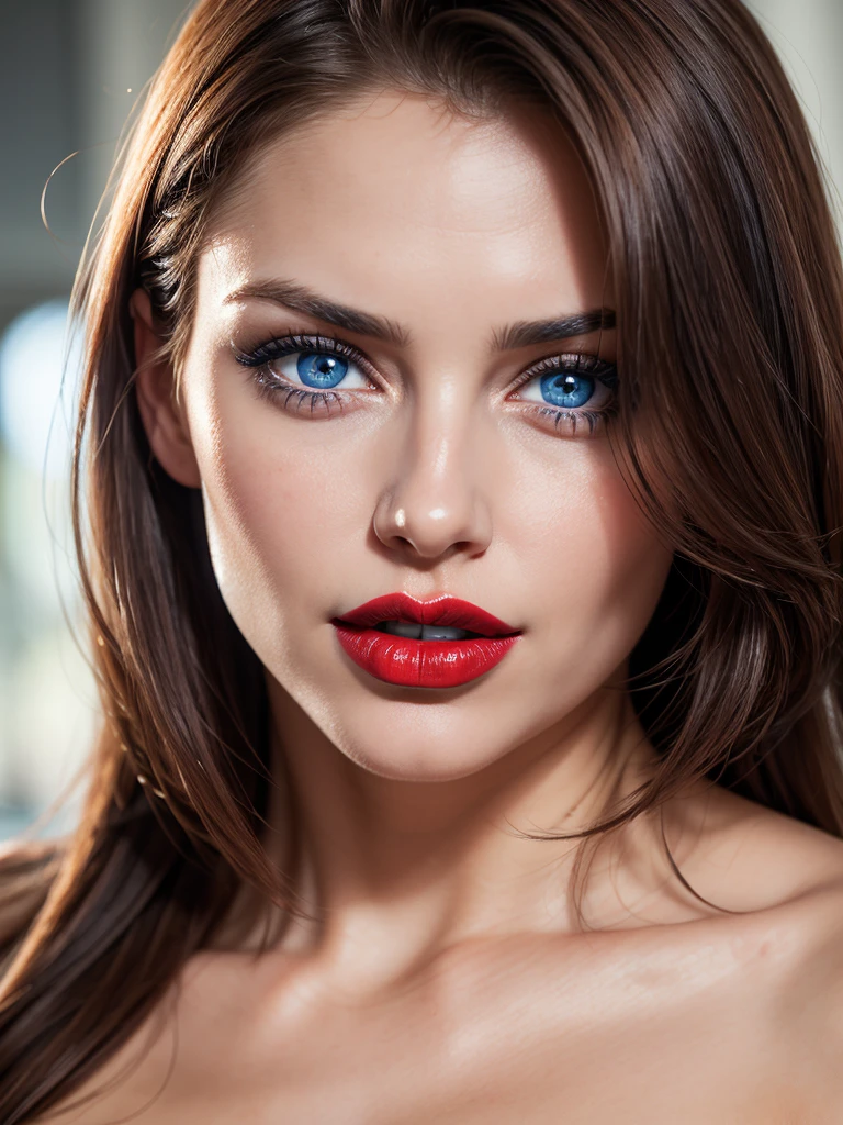 detailed woman face looking at the camera, blue eyes, hot (((thick red lips))), mouth open with sensuality, correct deformed fingers, photorealistic, sharpened eyes, (((eyes to the camera))) slightly smiling