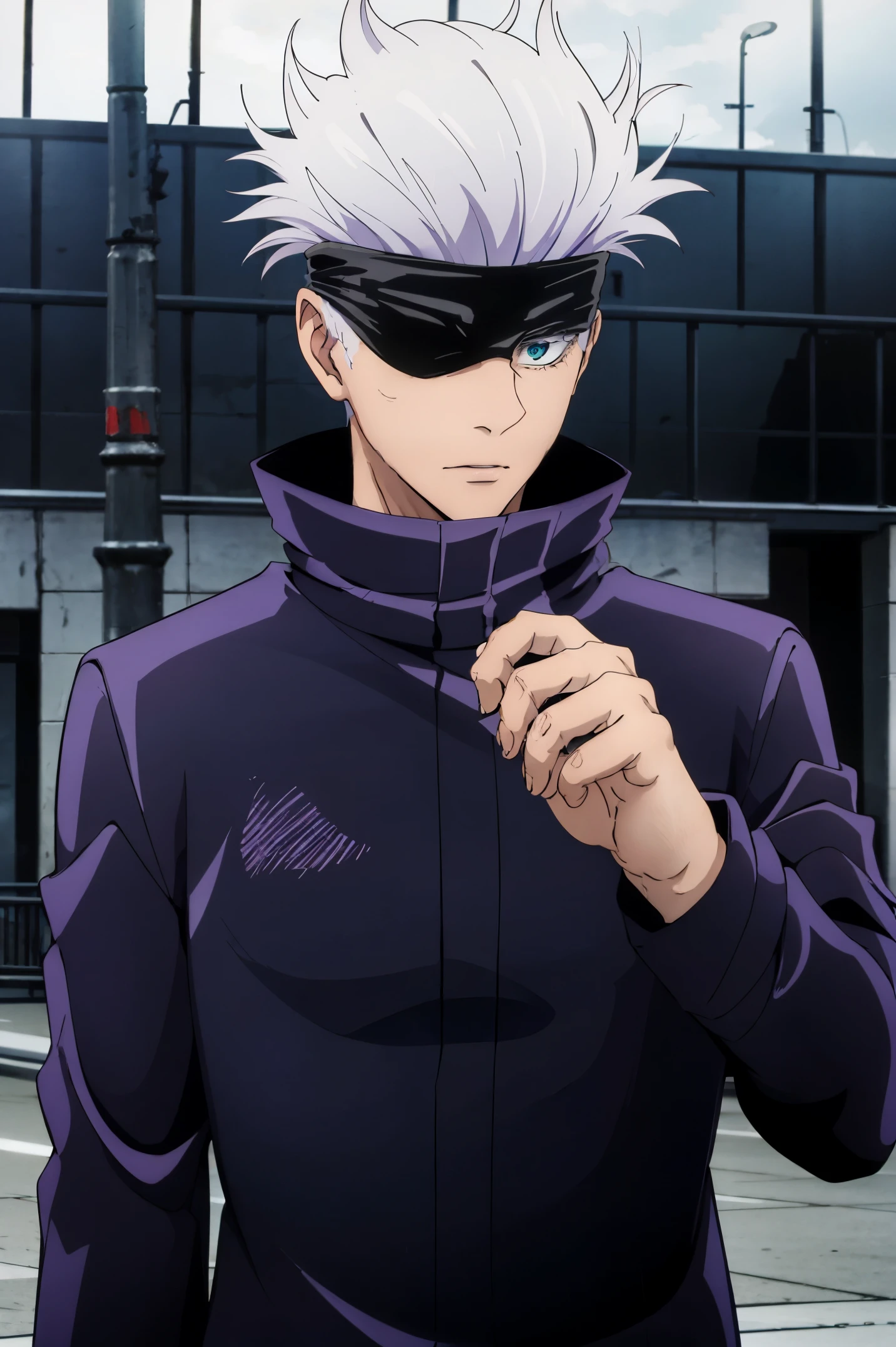 best quality, ultra high res, Gojo Satoru, Jujutsu Kaisen, looking at viewers, standing, white hair, blue eyes, black jacket , popped collar, outdoors, shibuya station, male focus, upper body, stylish_pose, hands jutsu, blindfold, covered eyes,