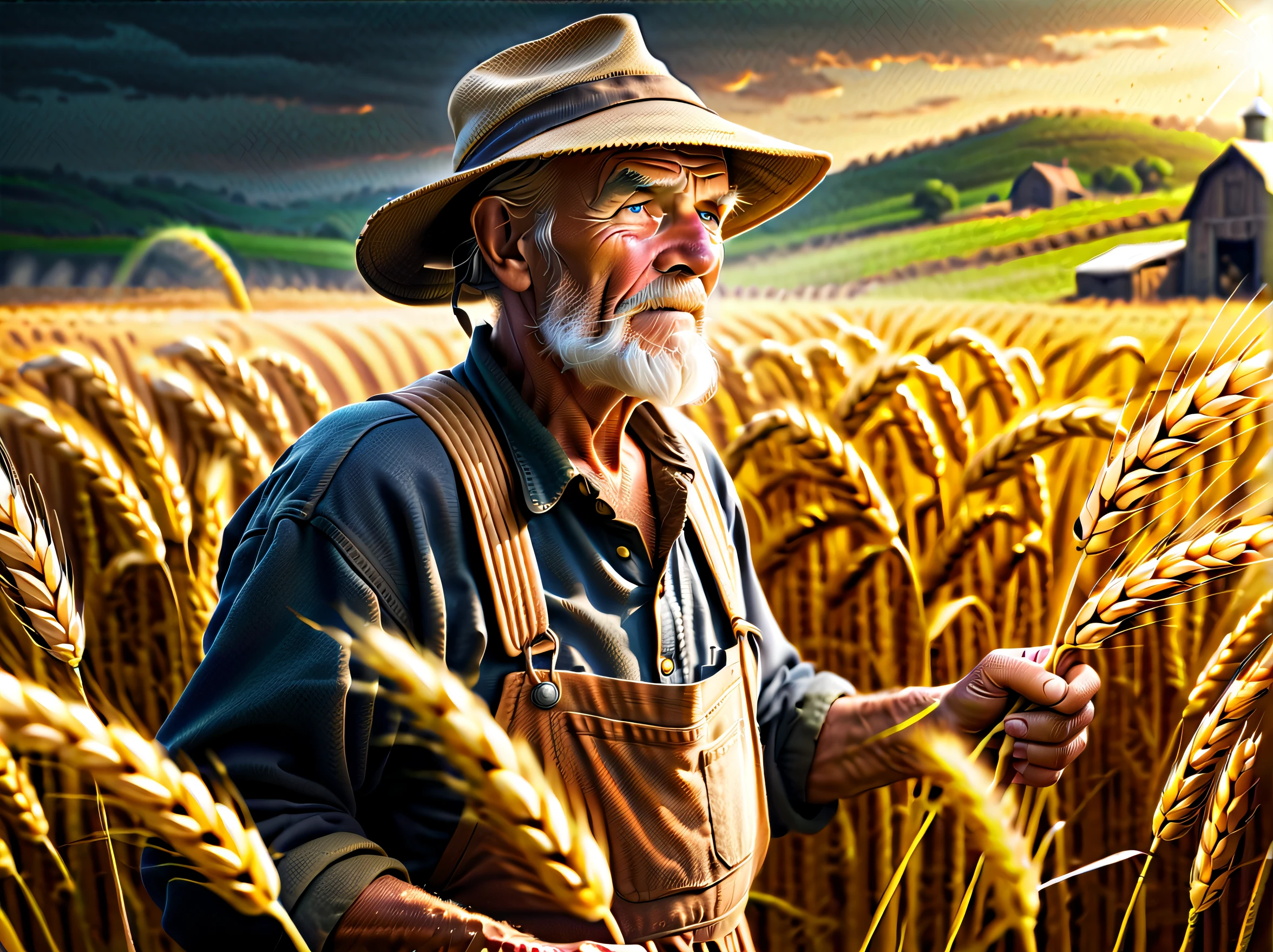 Dark fantasy farm life, old farmer, Dynamic Angle, Wheat harvest, Beautiful detail glow, A hyper-realistic, All captured with sharp focus, Detailed digital amazing illustration. Natural lighting,