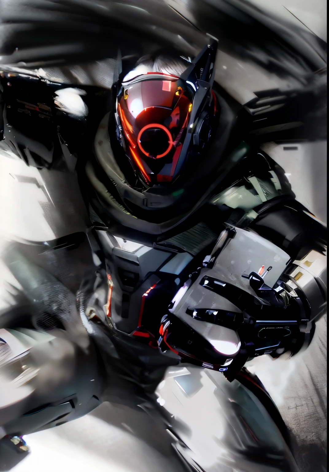 Original,tmasterpiece,Best quality,Robot man in green circle lights up cyber helmet with red ears,Wearing an orange coat,Umudia Nsolado,On the street