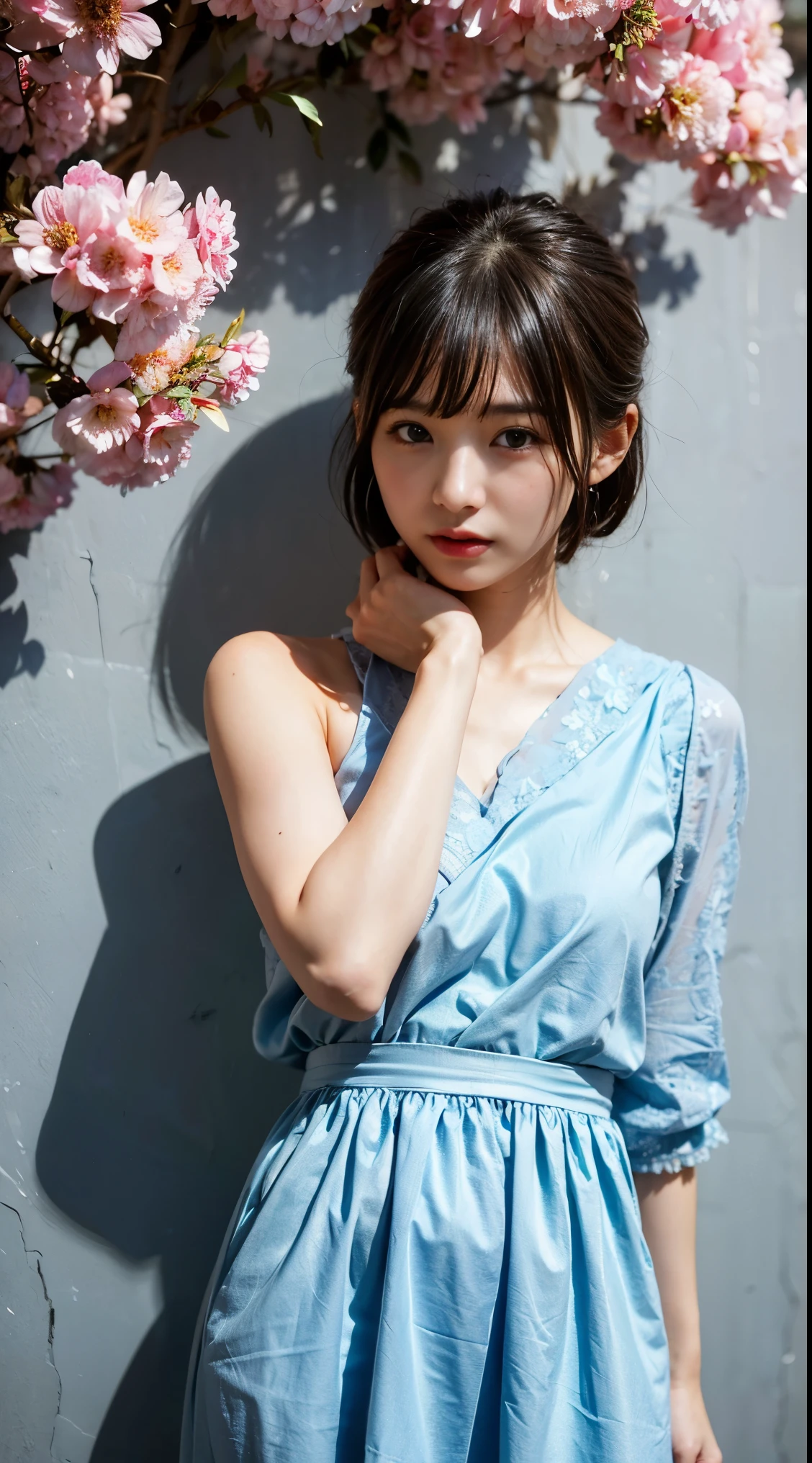 (((in 8K. HDR.Hyper-Realism、Masterpiece 1.4、wlop1.4、Cinematic、Detailed details、Live Photo 1.4, Best quality1.4、 Ultra Detailed 1.4、masterpiece:1.4、Insanely detailed、Perfect Shading、Low Angle Full Body Shot 1.2、One photo、Commercial Photography 1.4、Solo Photography、)))、((colorful floral background、Fill the screen with petals)))、(((Light blue dress)))((( Standing backwards、Turning around、Turn your back to us、Turn your butt towards us、Stick out your buttocks、Embarrassing appearance)))(((Unripe々Flesh、Body Photo、symple background、Gray background)))(((Japan Female, 18year old、Small face 1.4、、Bangs、a short bob、bobhair、A dark-haired、5 finger body image 1.4)))、(small tits、tiny chest、筋Fleshの腕と脚、Plump waist circumference、Skin details highlighting veins glistening with sweat、Detailed skin with visible pores、Realistic, Detailed skin of downy hair, Real and Detailed Skin、extremely detailed and beautiful face、Beautiful well-proportioned face、Very pretty face、Darkened armpits、Detailed skin)