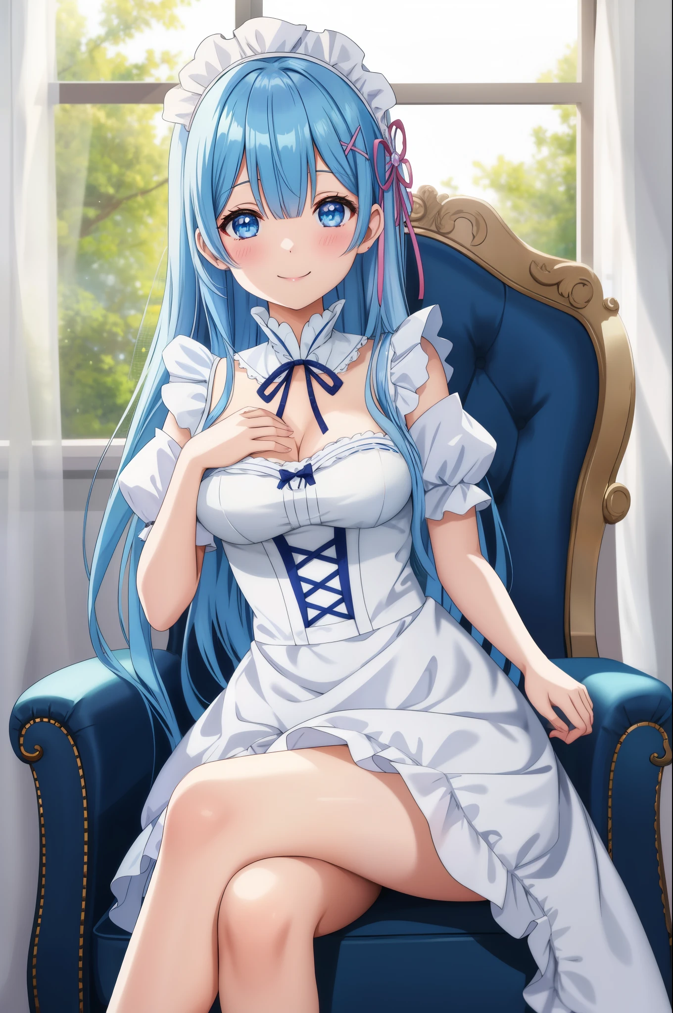 A woman wearing a maid costume sitting on a chair with a window, Light blue long hair、Twin-tailed、adorable smiling、 Trending on ArtStation pixiv, Cute anime waifu in a nice dress, rem rezero, anime moe art style, Anime visuals of cute girls, Top Rated on pixiv, Seductive Anime Girl, anime style 4 k, pixiv 3dcg