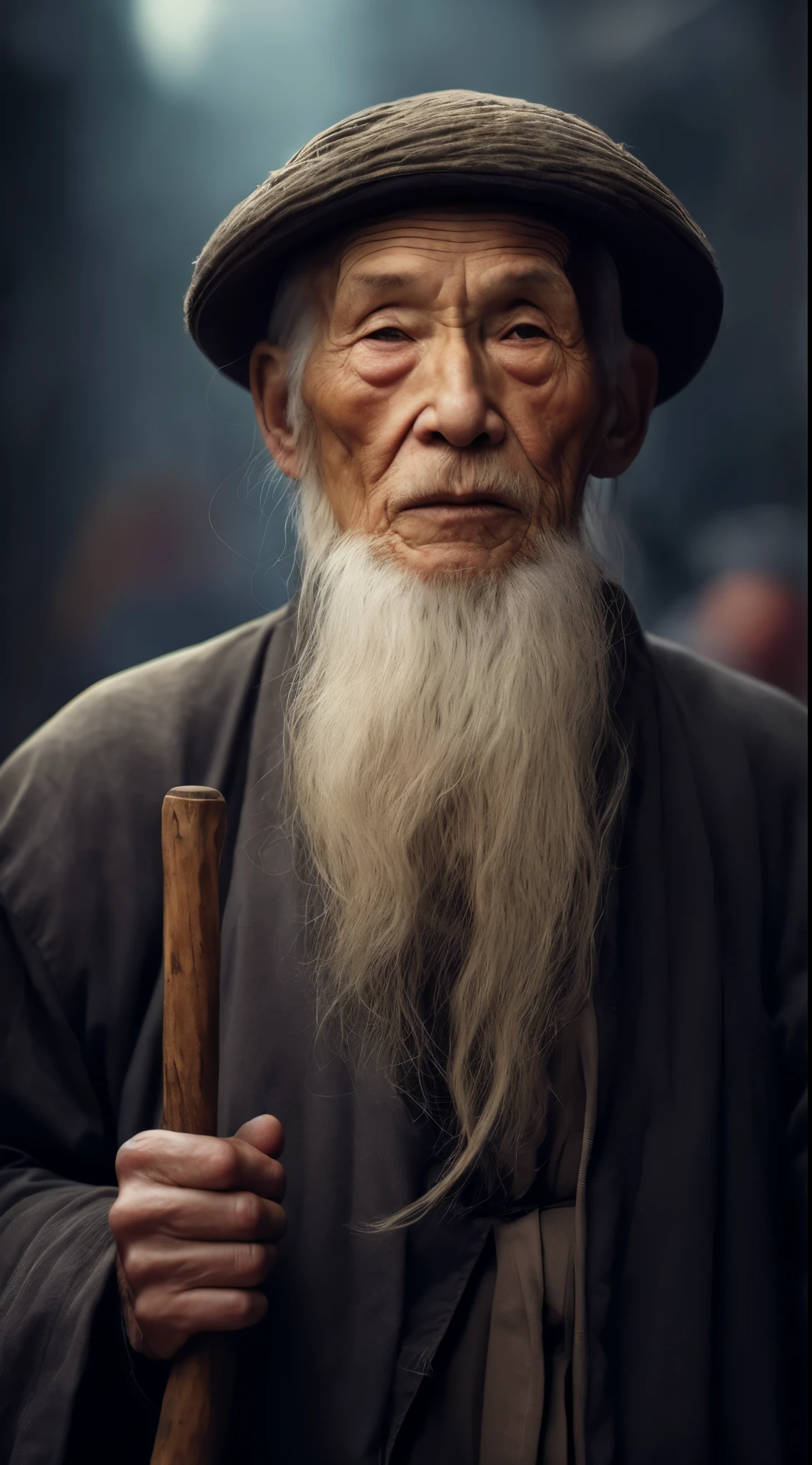 with a long beard，With a hat on、Feldman holding Xiao and playing, An A old man, A old man portrait, sharp looking portrait, calm expression, Wise A old man, stunning portrait, beautiful portraits, A old man, portrait photo of an A old man, a A old man, with a calm expression, portrait of monk, of an A old man, Portrait of an A old man, perfectly centered portrait