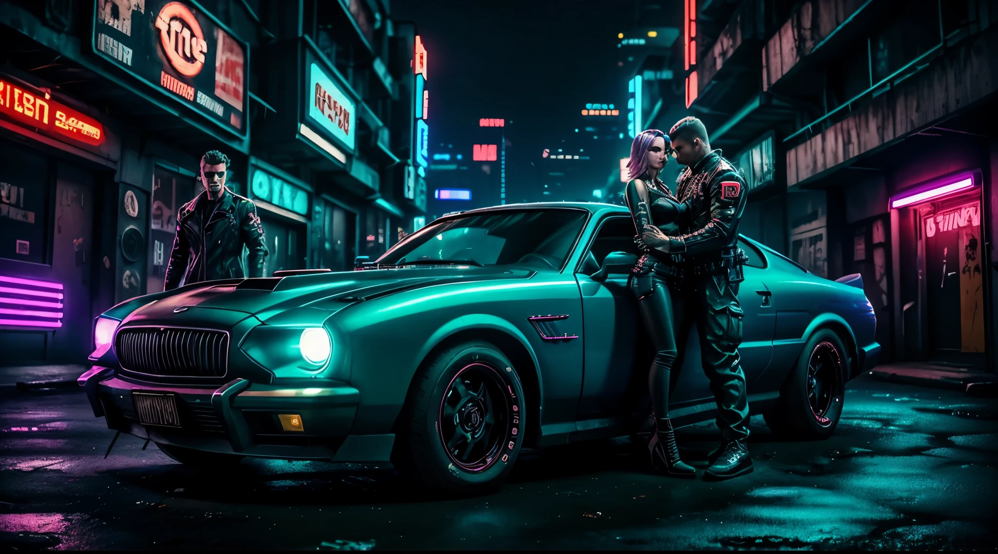 cyber punked theme male and female leaned up against a retro style car in a gritty and dark cyberpunk city at night., UHD, high quality, 1080P