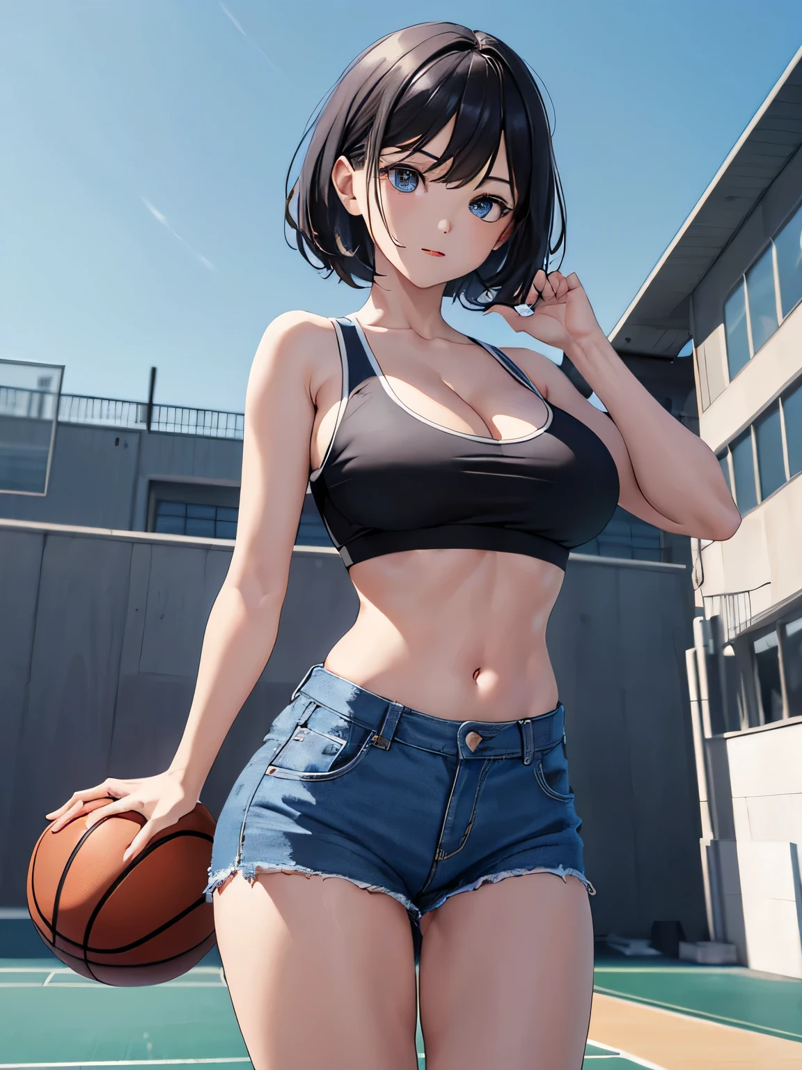 ((best quality)), ((masterpiece)), (detailed), perfect face ultra detailed illustration female character, Create a charming anime scene featuring a young schoolgirl with big breasts, black hair and blue eyes. The girl had to wear a sports bra, and short jeans, showing off her big breasts, armpits and cleavage and she had a visible six pack. Set the tone with the atmosphere of a school basketball court. high res, ultrasharp, 8K, masterpiece, looking at viewer