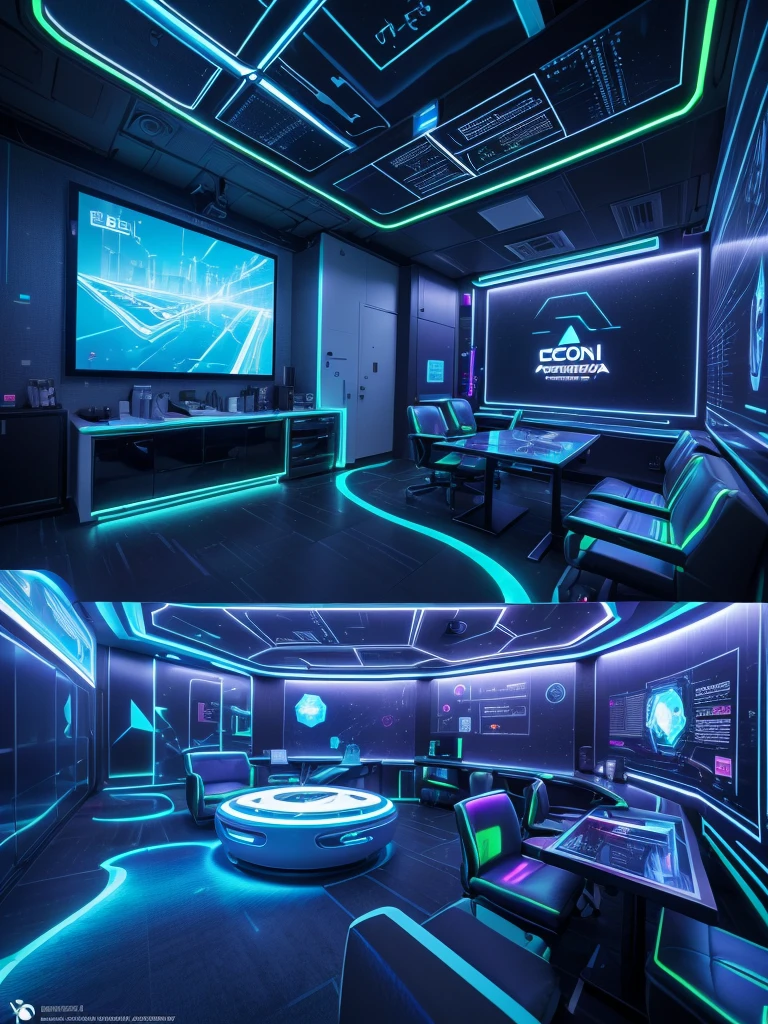 Interior design for an office environment cellular technical assistance, (holographic screens) e (cadeiras flutuanhe space is futuristic and filled with technical equipment and tools scattered around. Luzes neon coloridas aumentam a vibe cyberpunk. Logo da loja connect Cell