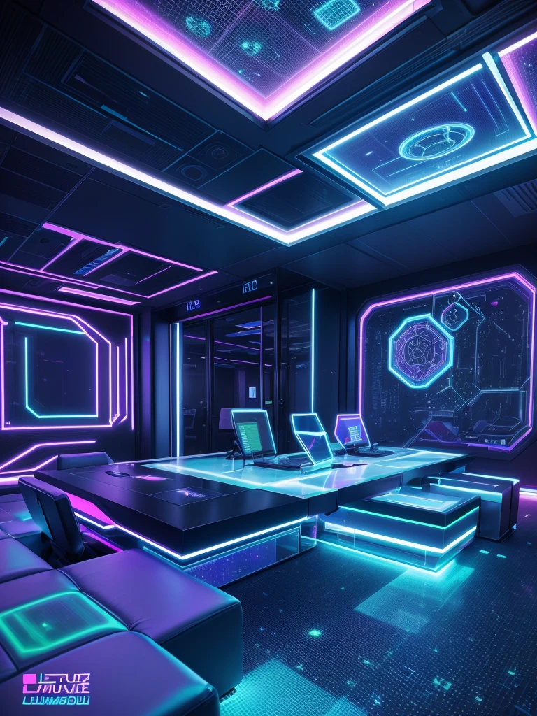Interior design for an office environment cellular technical assistance, (holographic screens) e (cadeiras flutuanhe space is futuristic and filled with technical equipment and tools scattered around. Luzes neon coloridas aumentam a vibe cyberpunk. Logo da loja connect Cell