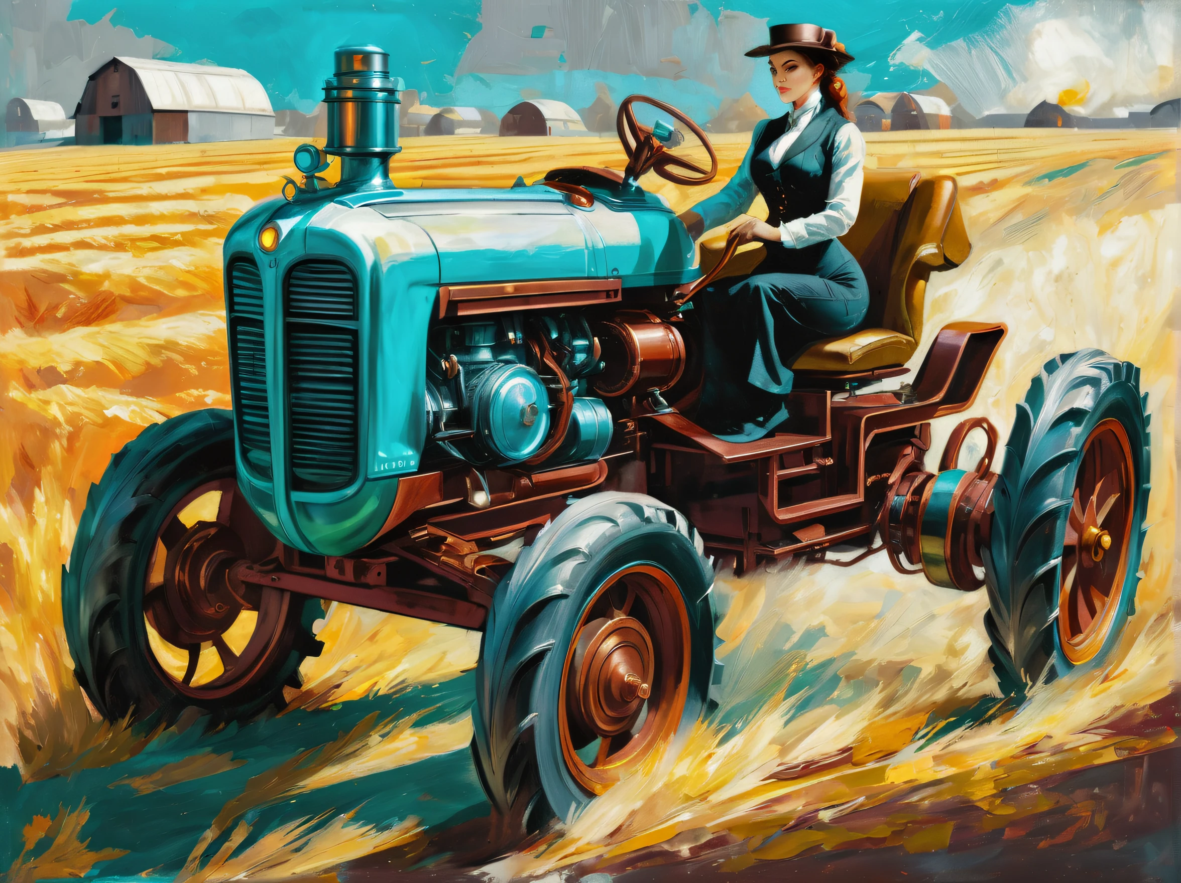 From below, Steampunk farmer woman and farm illustration, sit, kneeking, Knee up, (Black matte metal mechanical body:1.1), (wearing mechanical clothes:1.1), shoulder basket, sickle blade, White tube and dark cyan gray liquid inside, silver metallic nails, Deep Orange, Burgundy, Pure gold ornaments, machine components, screw, electrical cables, future monitor, mechanical engineering, (futuristic farm background details:1.3)), (Intricate details with beautiful touches:1.3), very delicate and fine, High contrast, Tonal contrast, hightquality, Best Quality, (最hightqualityの:1.3), High resolution, stunning detail rendering, Brushstrokes with insane detail, 8K, shadow assassin inspiration, (Intricate detailed gouache illustration:1.3), A hyper-realistic, insane shadow coating,