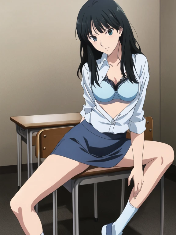 Best Quality, masutepiece, 超A high resolution, (Photorealistic: )2D official style cel animation Amagami style Ayatsuji manage Sit up Unbutton your shirt open one's legs pencil skirt girl Classroom Light blue lace bra Light blue lace panties Longhaire Straight hair knee sox lowfers low angles