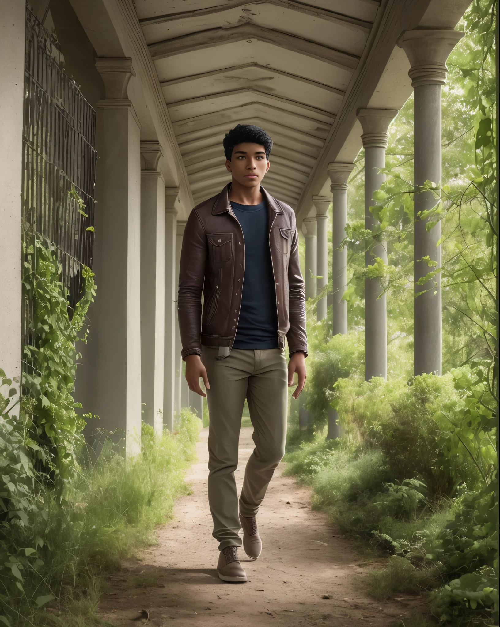 imagine a dark brown boy standing, looking right side , brown boy , Village boy, standing in garden, full body, clear image, 4k resolution, ultra realistic, dark brown scene tone, dark brown scene colour --auto --s2