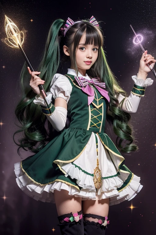 (masterpiece), (best quality), detailed,
1 girl, soro, twintails, long wavy hair twintails.hairs between eyes,dark green eyes ,dark green hair, (magical girl:1.2),
bow, dress, (pink:0.6), over legwear, boots, too many frills, too many bow, standing,striped panties.magical stick, mechanical stick, magic cercle, frying,