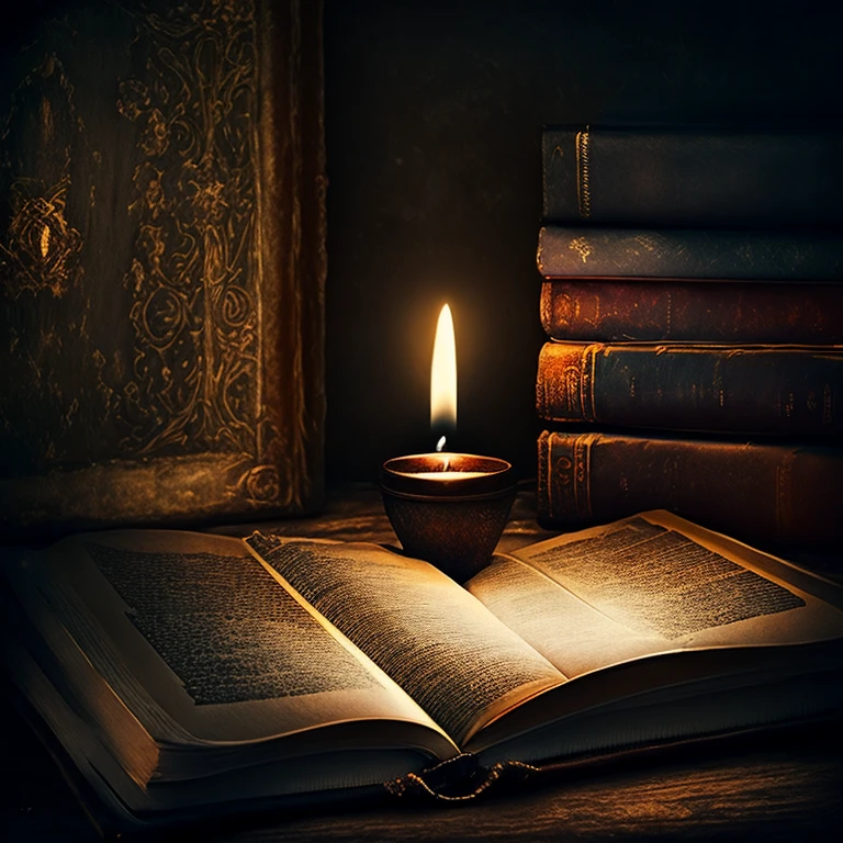Dark room, candle light, open book, vintage style, nostalgic feeling, wisdom and spirituality and magic in the air, no human