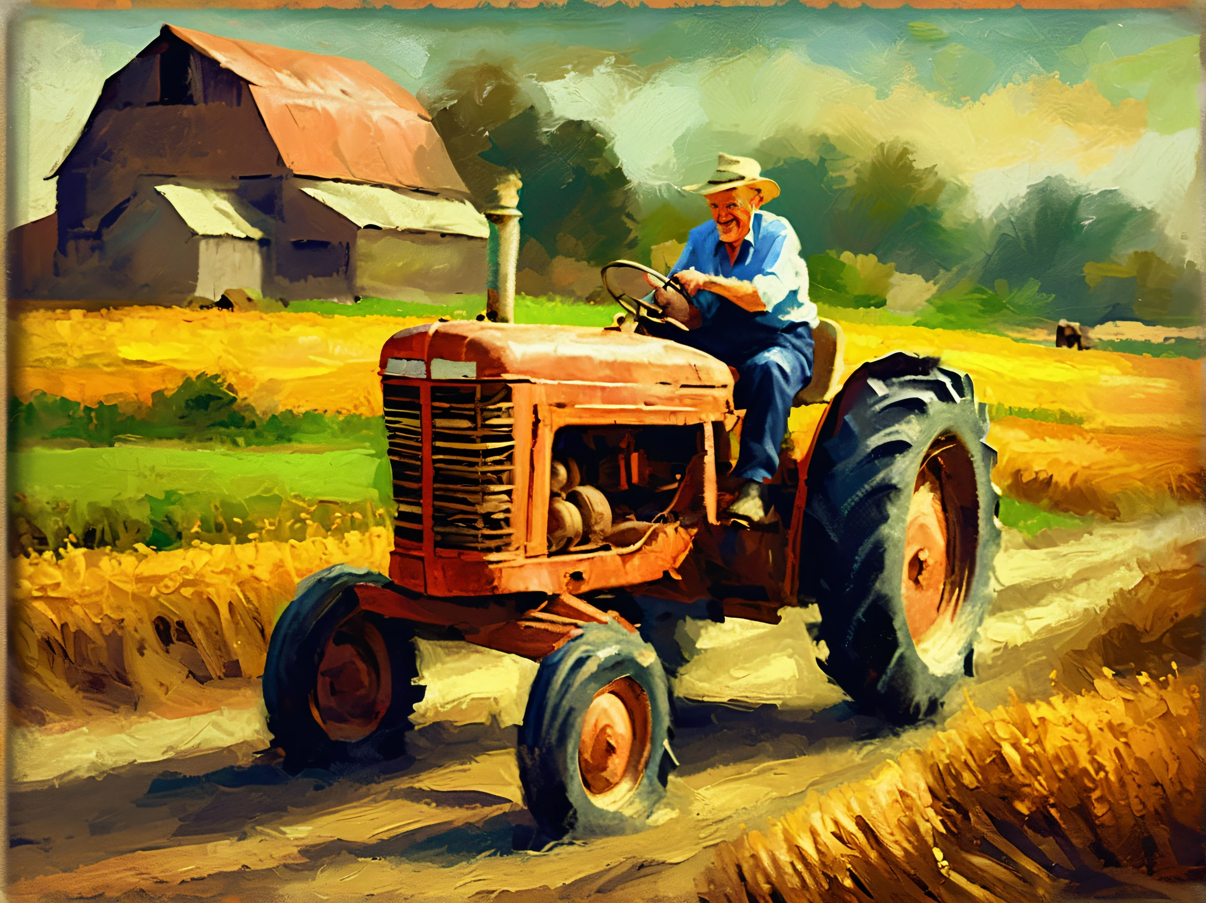 Old farmer and detailed farm stunning oil paint illustration, Smile, harvest, Ride on an insane retro quality tractor, grunge effect, A relaxing everyday night, sunset and one star, intricate detail texture, High quality, ((All captured with sharp focus:1.3)), Render in astonishing 32K resolution, Best Quality, of the highest quality, absurd detail rendering,