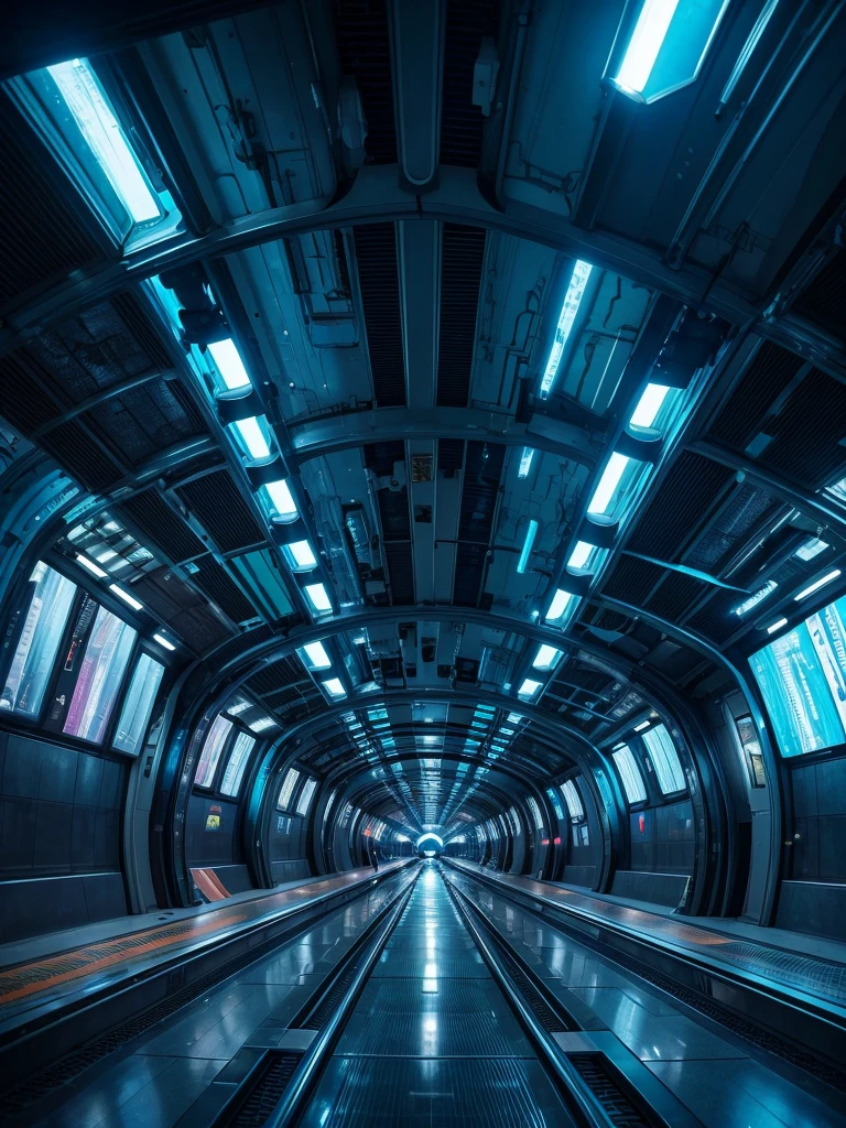 a cyberpunk interior design , A subterranean transit hub features maglev trains that navigate through tunnels adorned with luminescent mineral formations. , cyberpunk style environment