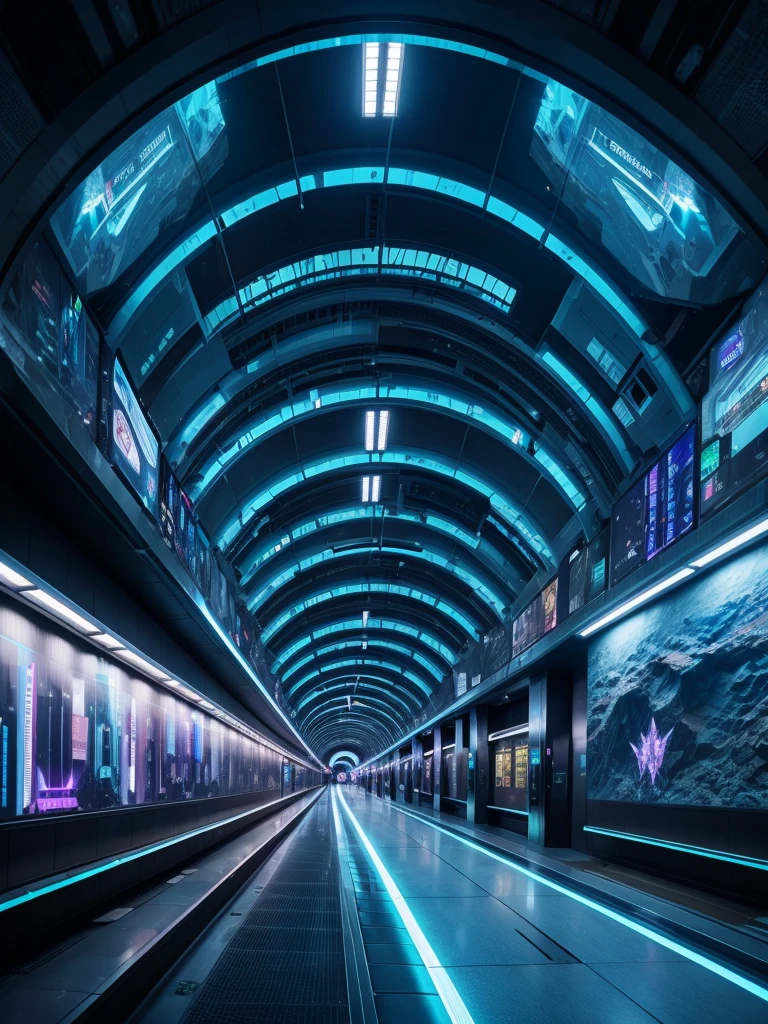 a cyberpunk interior design , A subterranean transit hub features maglev trains that navigate through tunnels adorned with luminescent mineral formations. , cyberpunk style environment