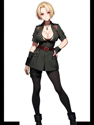 nazi ss military, german soldier, solo super cute army lady, solo, (((short straight blonde hair))), (((blonde))), (Bring out your forehead:1.2), red eyes, (((cleavage))), evil smile, belt, fit, little cross necklace, beautiful, masterpiece, best quality, full body, (((white background))),