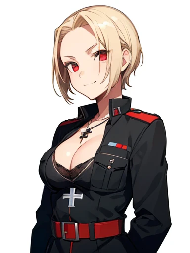 nazi ss military, german soldier, solo super cute army lady, solo, (((short straight blonde hair))), (((blonde))), (Bring out your forehead:1.2), red eyes, (((cleavage))), evil smile, belt, fit, little cross necklace, beautiful, masterpiece, best quality, full body, (((white background))),