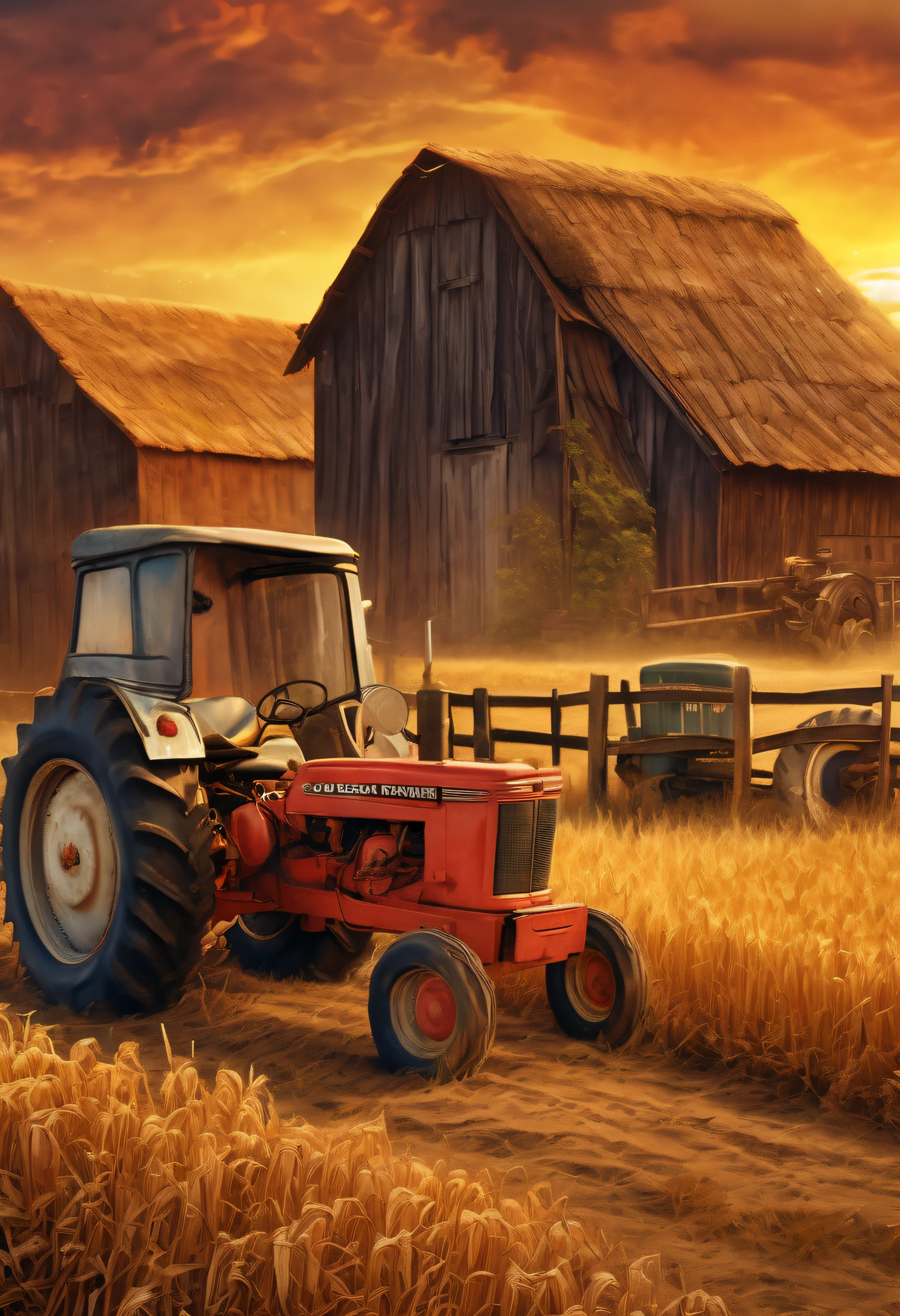 Old farmer and detailed farm stunning oil paint illustration, Smile, harvest, Ride on an insane retro quality tractor, grunge effect, A relaxing everyday night, sunset and one star, intricate detail texture, High quality, ((All captured with sharp focus:1.3)), Render in astonishing 32K resolution, Best Quality, of the highest quality, absurd detail rendering,
