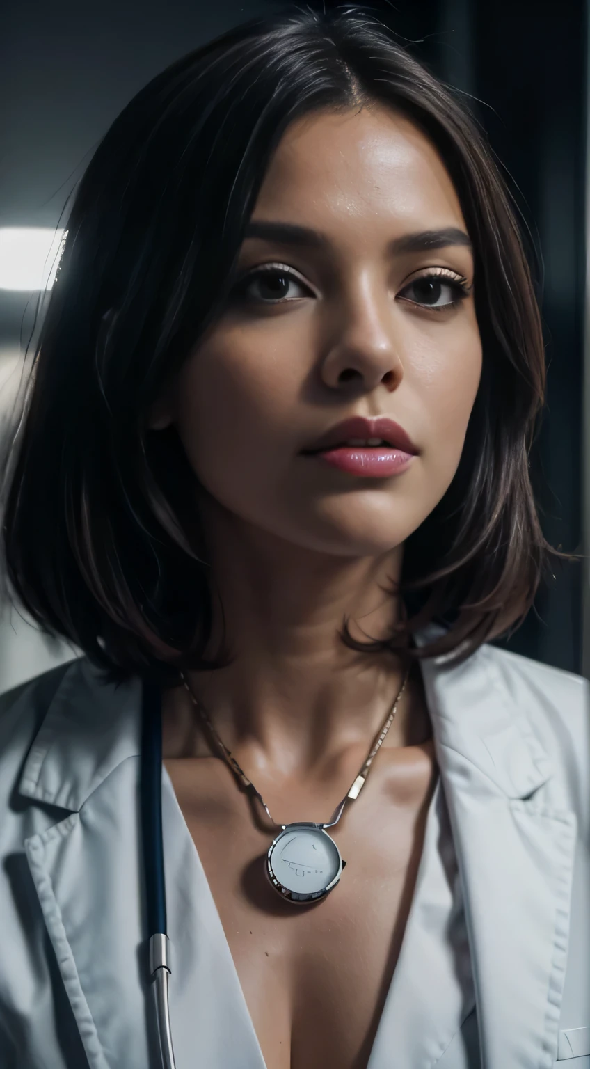 Altas,(melhor qualidade,4k,8k,master part:1.2),Realistic,retrato:1.1,belos olhos detalhados,beautiful detailed lips,olhos e rosto extremamente detalhados,long eyelashes,sexy facial expression,lip bites,cabelos desgrenhados,pele brilhante,pose provocativa, female doctor with white coat and stethoscope, atleta, Batom brilhante,contato visual intenso,dark and moody lighting,vivid colors,atmosfera sensual