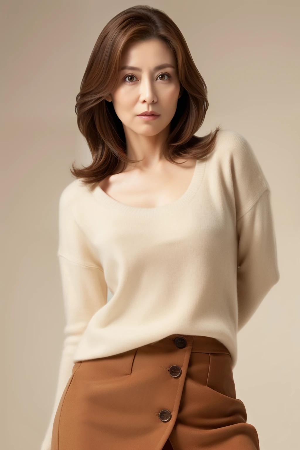 masuter piece, top-quality, ​masterpiece, hight resolution, Photorealsitic,  sharp, Raw photography, 8k wallpaper, flawless, profetional lighting, ighly detailed, depth of fields,Pale solid color background, ((one beautiful women, japanese mature)), (50 years old)), Female sexy, Detailed face, beautidful eyes, bangss, small breasts of good shape, Light Brown Straight Hair, Faint lips, ((Stand forward、Staring at the viewer, serious face eyes.)), Sweaters, skirt by the, fully body photo, cowboy  shot