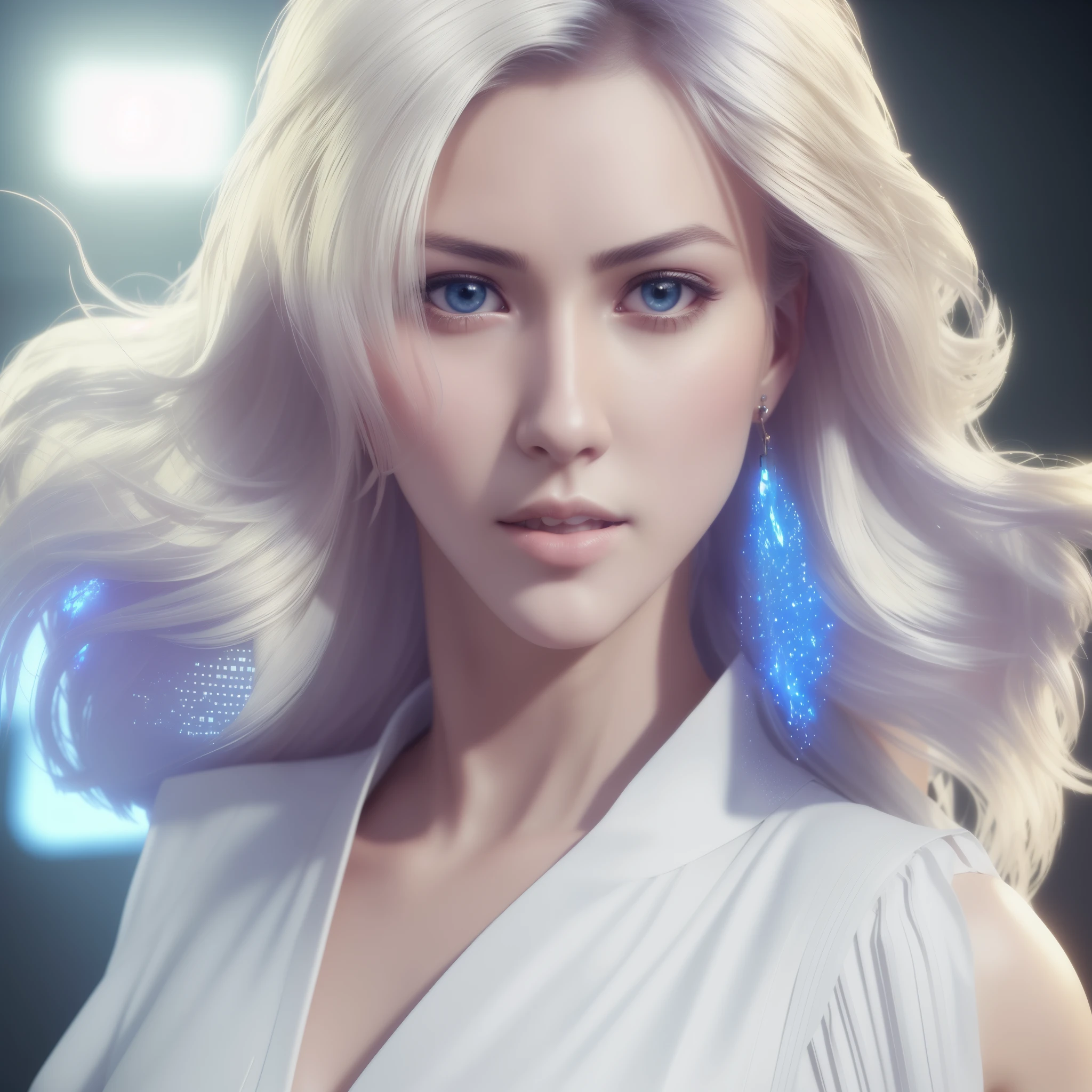 (Best Quality,4k,8K,hight resolution,Masterpiece:1.2), Ultra-detailed, (Realistic,Photorealistic,photo-realistic:1.37), A man and a woman against the background of the city of the future, a dark-haired male wizard stands facing us behind a woman with a fireball, looms over his arm, beautiful real blonde holds and points a future pistol at the viewer, disheveled shoulder-length hair, white PVC jumpsuit, Happy, full - body, Beautiful anime waifu style girl, hyper detailed painting, luminism, Concept art by Carne Griffiths and Vadim Kashin, 4k resolution, fractal isometrics details bioluminescence , 3D Rendering, Octane Render, intricately-detailed , Cinematic, Trending artsstatina Isometric centered hyperrealistic cover stunning full color, gritty, Realistic flight , Intricate, hit definition , Cinematic