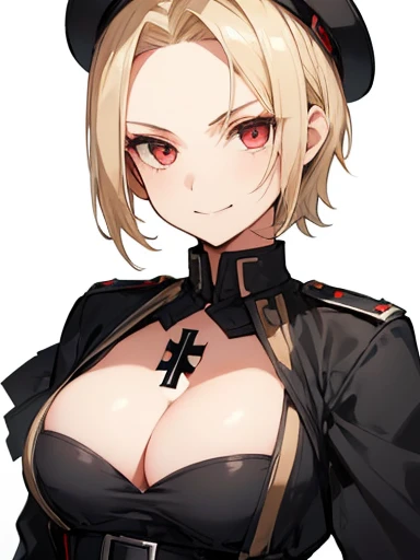 nazi ss military, german soldier, german officer hat, solo super cute army lady, solo, (((short straight blonde hair))), (((blonde))), (Bring out your forehead:1.2), red eyes, (((cleavage))), evil smile, belt, fit, little cross necklace, beautiful, masterpiece, best quality, (((white background))),