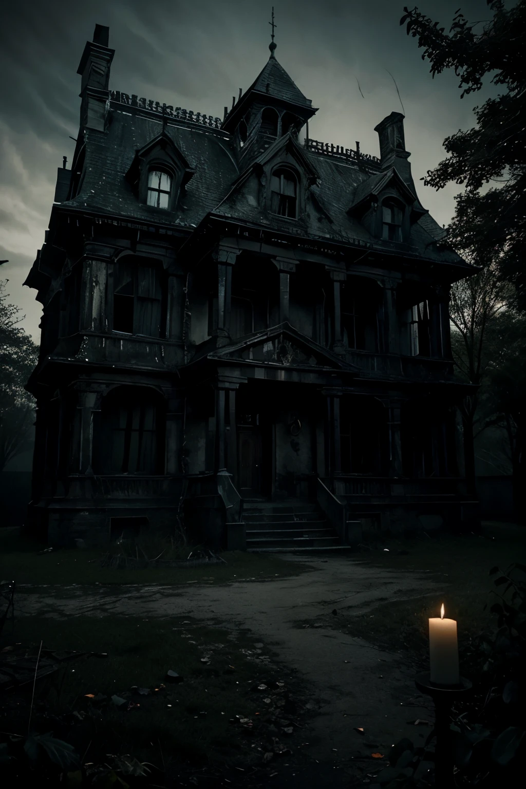 (a scary haunted house) [dark, ominous] house, [creaky, decrepit] doors, [spooky, eerie] atmosphere, [creepy, ghostly] shadows, [sinister, haunting] presence, [tortured souls, restless spirits], [bloodcurdling screams, bone-chilling whispers], [cobwebs, dust], [flickering candles, dim lighting], [haunting portraits, eerie paintings], [gloomy, chilling], [nightmarish, terrifying], [macabre, ominous] scenery, [unseen horrors, lurking terrors], [unearthly sounds, mysterious whispers], [sinister secrets, hidden passageways], [gory, horrifying], [intense, suspenseful] moments, [spine-tingling, hair-raising] encounters, [gothic, chilling] architecture, [paranormal activity, supernatural phenomena], [fear, dread], [ominous, foreboding] presence, [terrifying, bone-chilling] surprises, [screams of terror, desperate pleas], [frightened, trembling] victims, [nightmarish creatures, malevolent entities], [sinister, haunting] atmosphere.