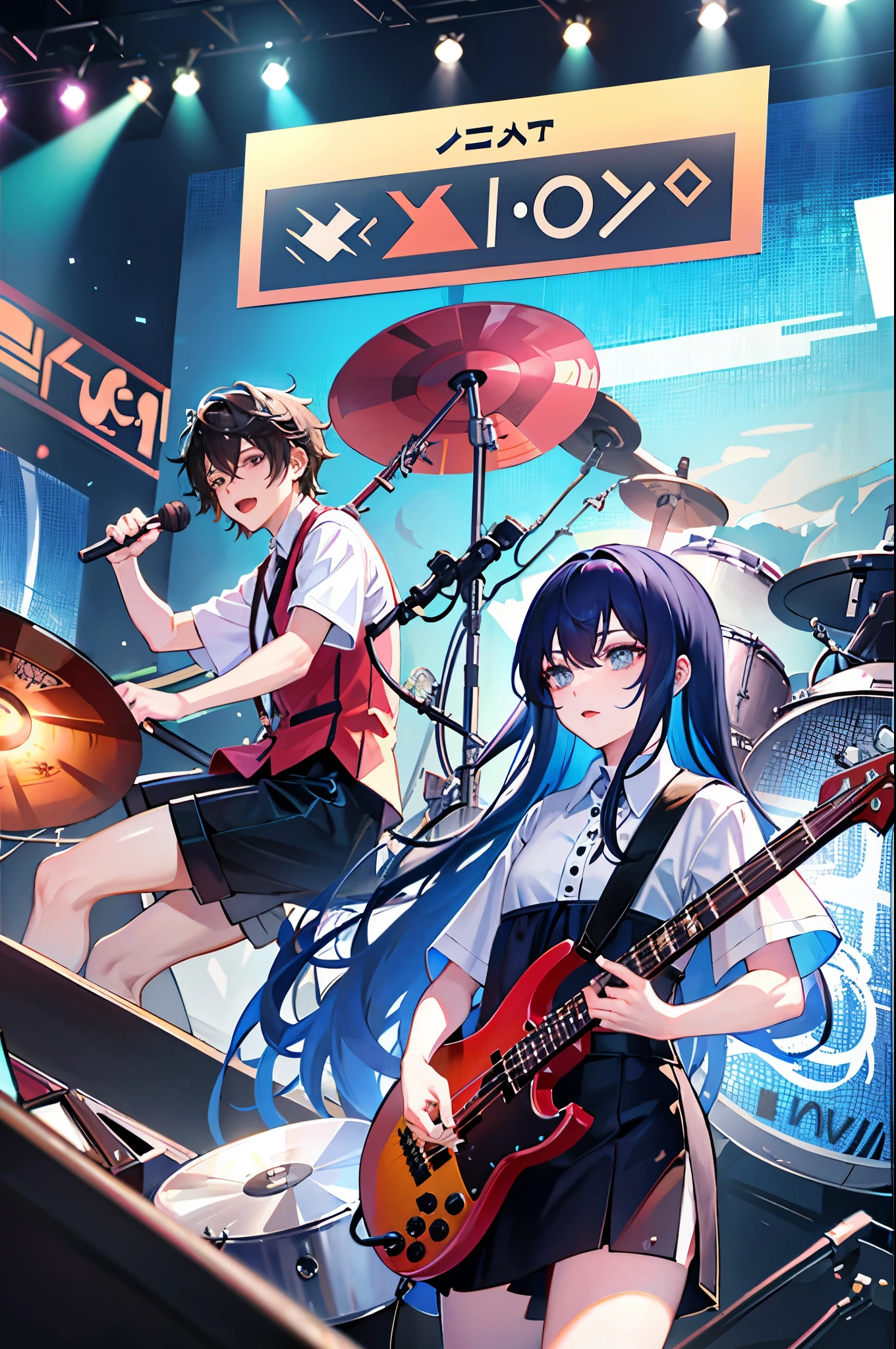 (4 piece band)(3 men and 1 woman),(电吉他手主唱cool guy),(Drums and Drummers,cool guy),(bass and bassist,Beautuful Women),(keyboardist,cool guy)