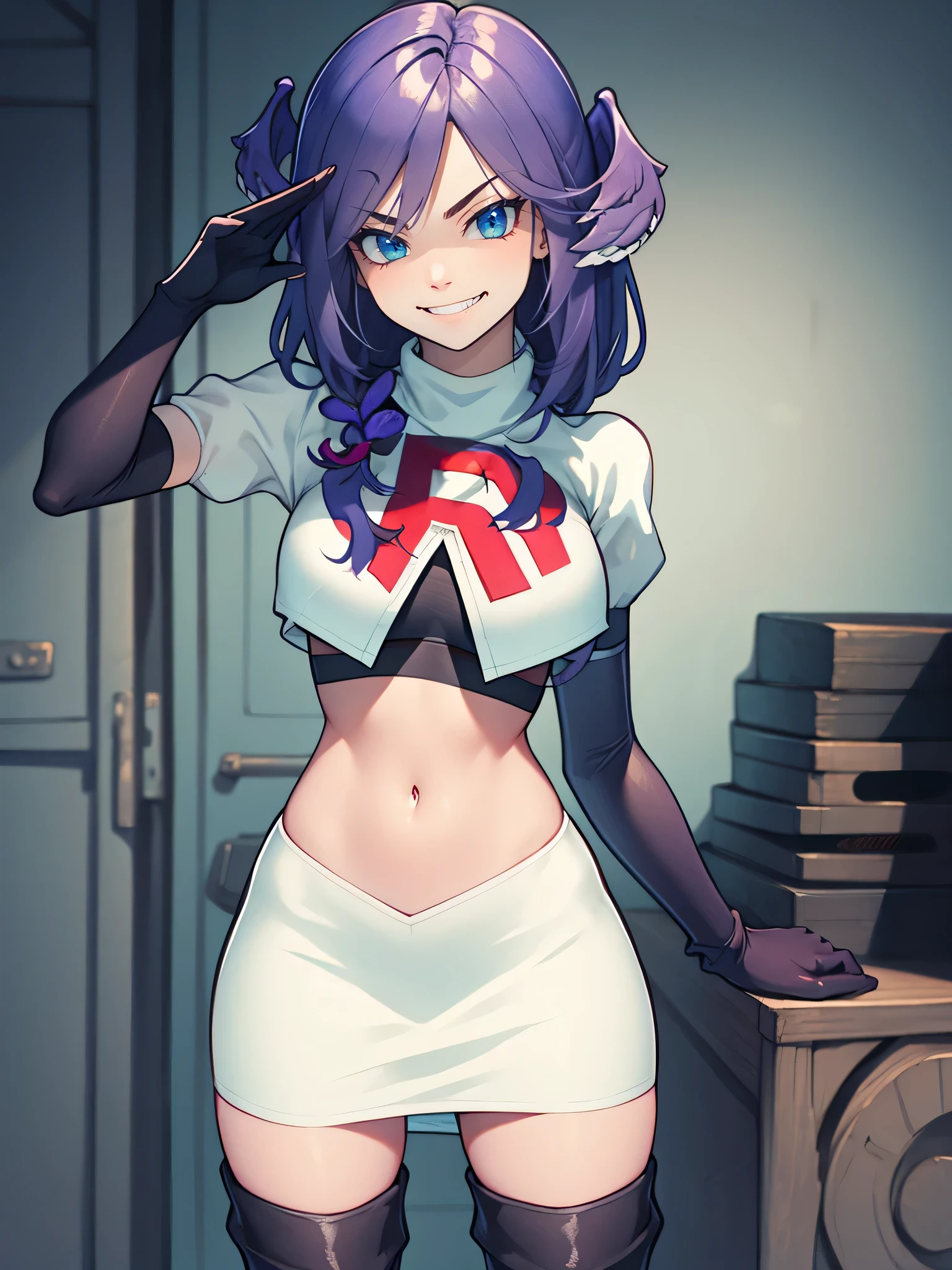 ,team rocket uniform, red letter R, white skirt,white crop top,black thigh-high boots, black elbow gloves, evil smile, looking at viewer, cowboy shot, salute