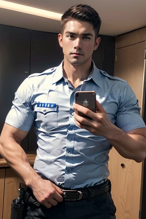 ((holding phone,cellphone picture,nudeP,1boy,solo, police officer costume, cowboy shot, face focus)), penis, testicles, short hair, muscular male, bara, facial hair,